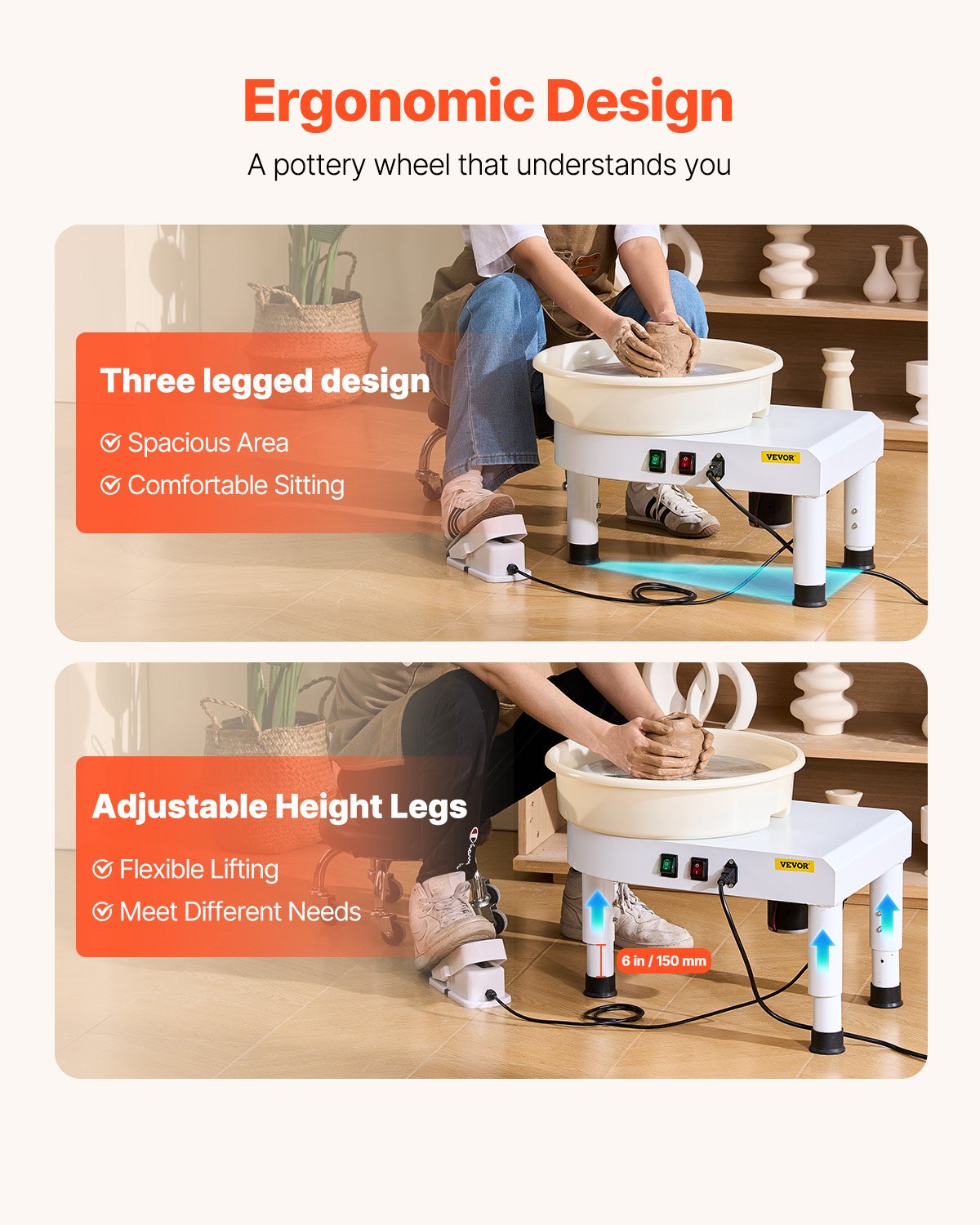 VEVOR Pottery Wheel, 35 cm Ceramic Wheel Forming Machine, 60-300 RPM Speed Adjustable Foot Pedal, Adjustable Lift Leg, Detachable Basin, Complete Tool Accessory Kit for Work Art Craft DIY, White 3