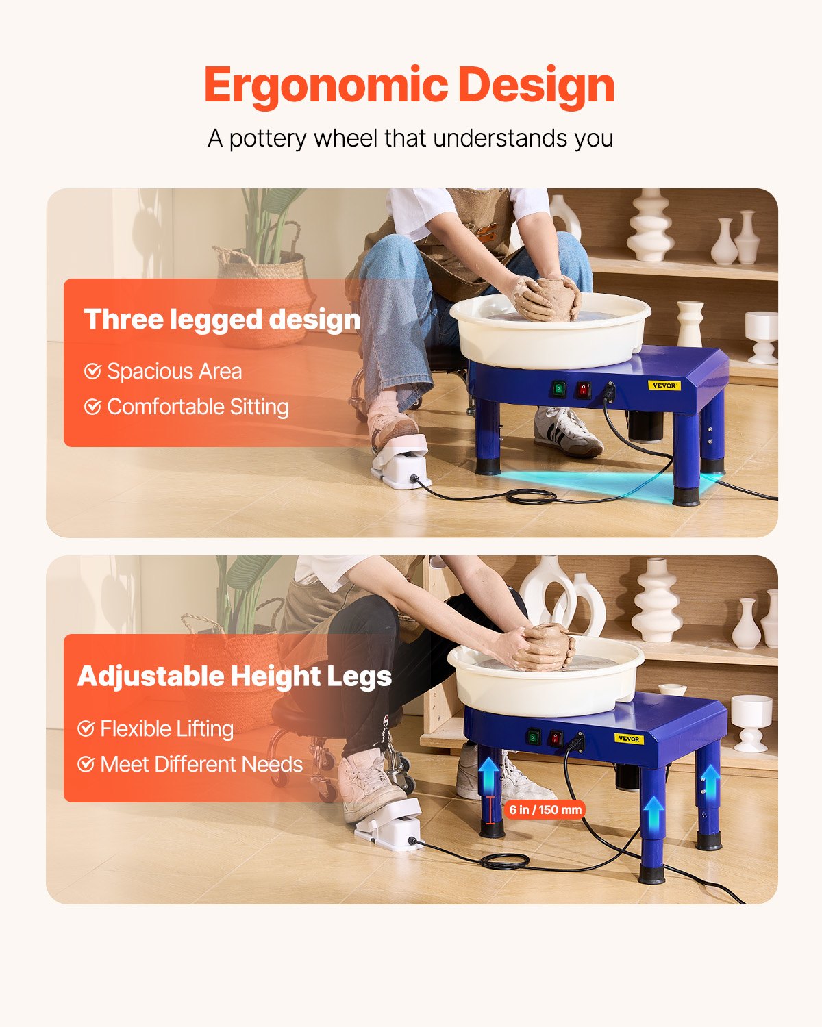 VEVOR Pottery Wheel, 35 cm Ceramic Wheel Forming Machine, 60-300 RPM Speed Adjustable Foot Pedal, Adjustable Lift Leg, Detachable Basin, Complete Tool Accessory Kit for Work Art Craft DIY, Blue 3