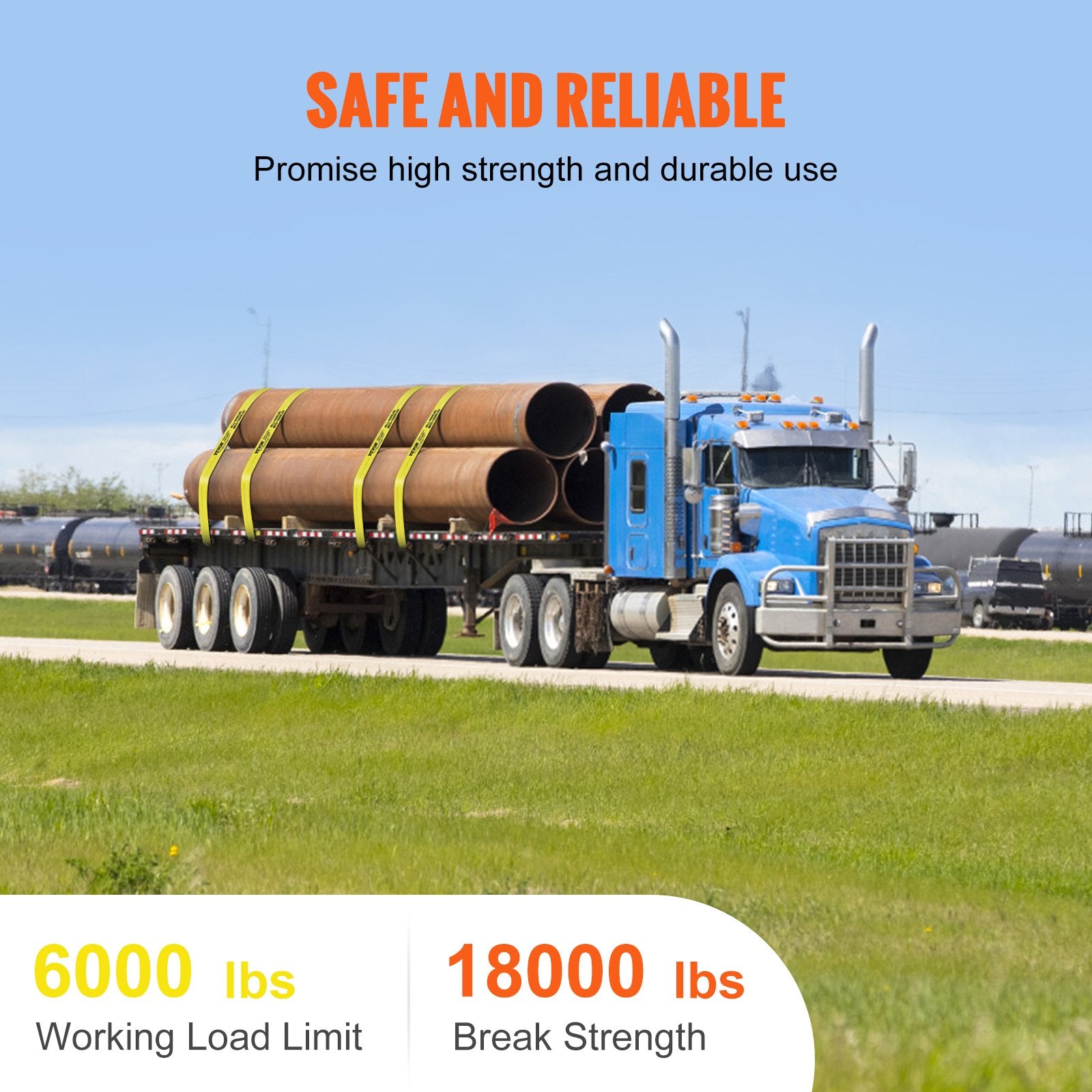 VEVOR Winch Straps, 10.2 cm x 12.2 m, 2.7T Load Capacity, 8.2T Break Strength, Truck Straps with Flat Hook, Flatbed Tie Downs Cargo Control for Trailers, Farms, Rescues, Tree Saver, Yellow (10 Pack) 3