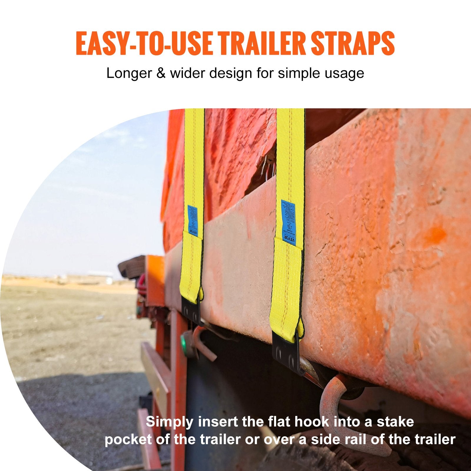VEVOR Winch Straps, 10.2 cm x 12.2 m, 2.7T Load Capacity, 8.2T Break Strength, Truck Straps with Flat Hook, Flatbed Tie Downs Cargo Control for Trailers, Farms, Rescues, Tree Saver, Yellow (10 Pack) 4