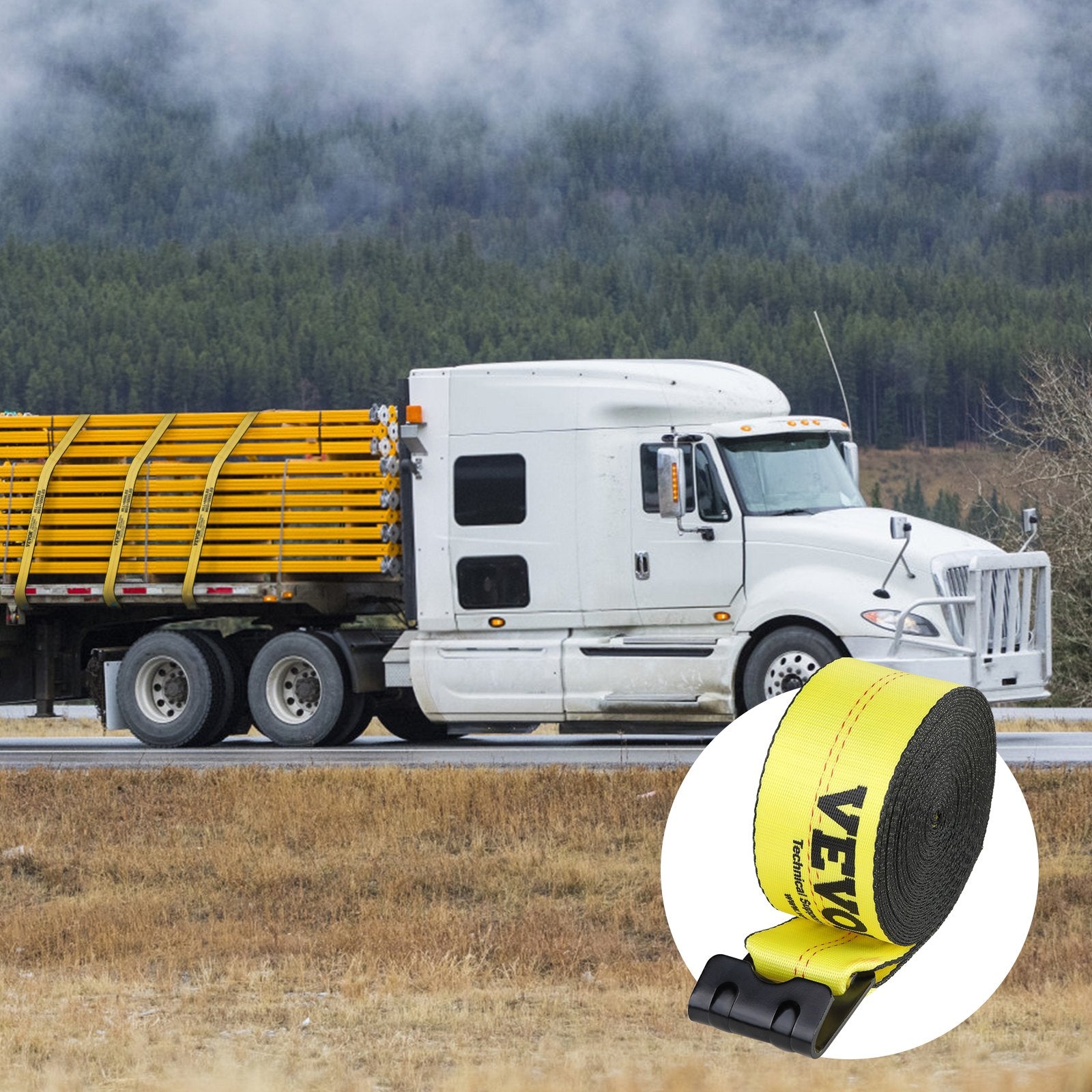 VEVOR Winch Straps, 10.2 cm x 12.2 m, 2.7T Load Capacity, 8.2T Break Strength, Truck Straps with Flat Hook, Flatbed Tie Downs Cargo Control for Trailers, Farms, Rescues, Tree Saver, Yellow (10 Pack) 5