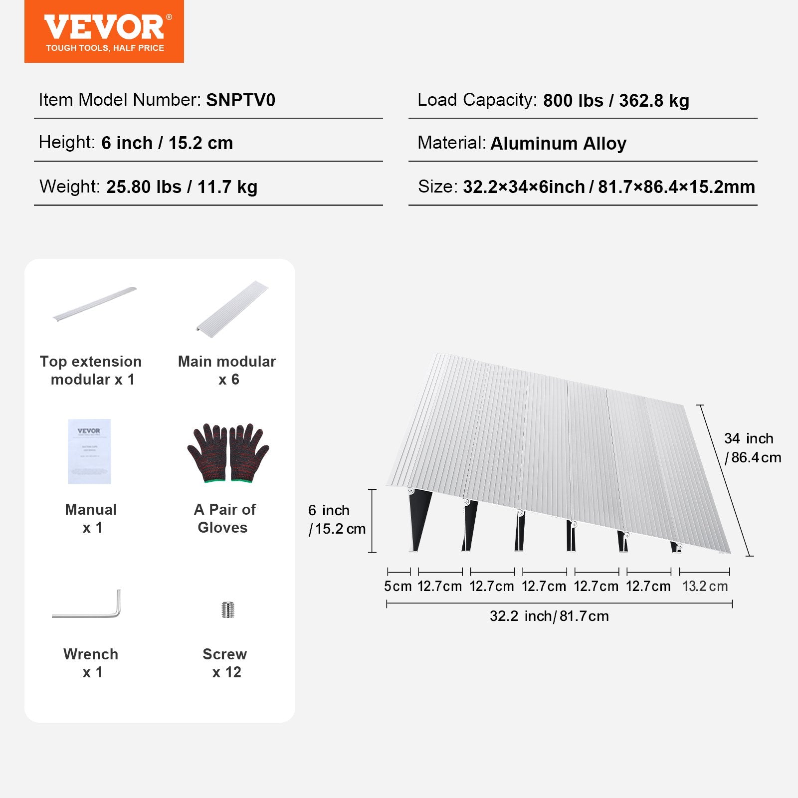 VEVOR Door Threshold Ramp, 6" Rise, 800 lbs Load Capacity, Door Ramp for Wheelchairs, Aluminum Threshold Ramp for Doorways, Adjustable Modular Threshold Ramp for Wheelchairs, Scooters, Power Chairs 7