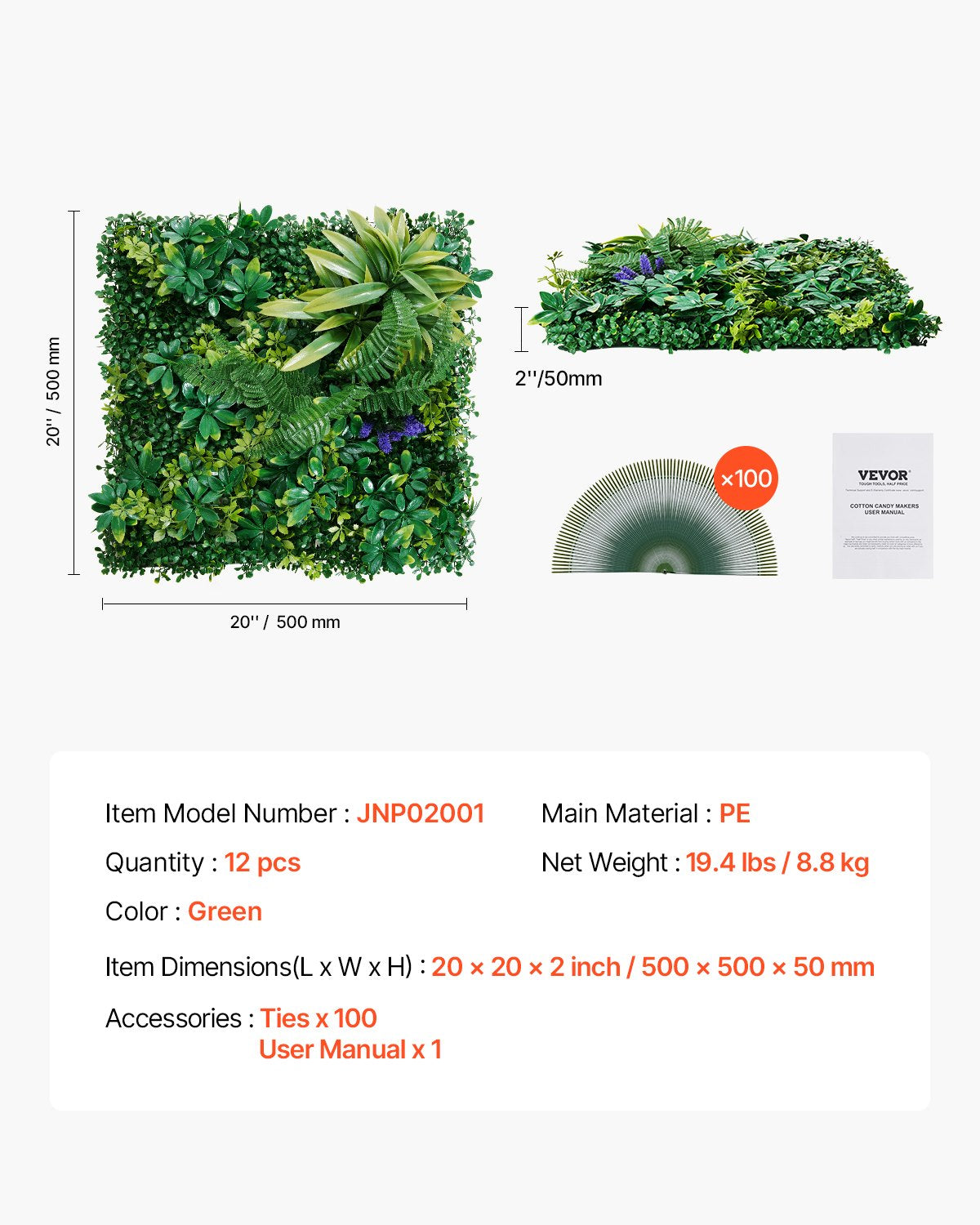 VEVOR Artificial Grass Wall Panels, 12 PCS 20 x 20 inch, 3D Combination Greenery Boxwood  Panel for Indoor Outdoor Green Decor & Ivy Fence Covering, Privacy Backdrop Wall Hedge Screen for Garden 7