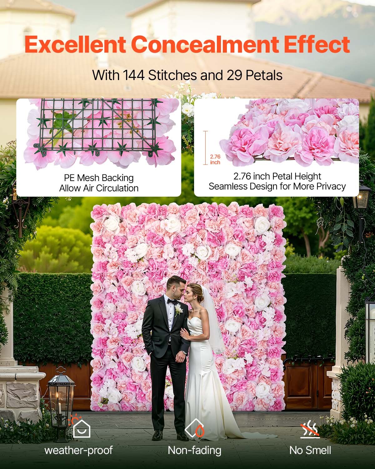 VEVOR 3D Flower Wall Panel, 12 PCS 15 x 15 inch, Artificial Floral Wall Background Mesh Backing Mat,Seamless Design&Easy Installation for Wedding Valentines Day Home Baby Party Backdrop Decor,Pink 3