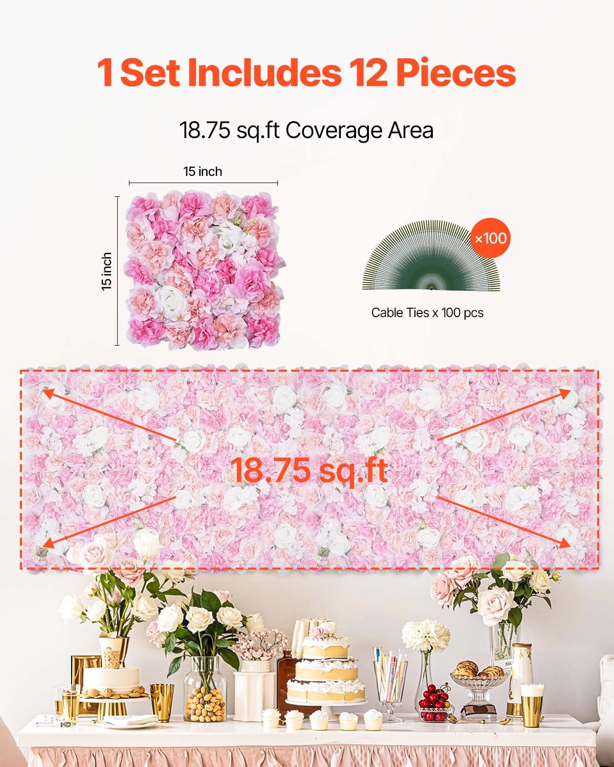 VEVOR 3D Flower Wall Panel, 12 PCS 15 x 15 inch, Artificial Floral Wall Background Mesh Backing Mat,Seamless Design&Easy Installation for Wedding Valentines Day Home Baby Party Backdrop Decor,Pink 6