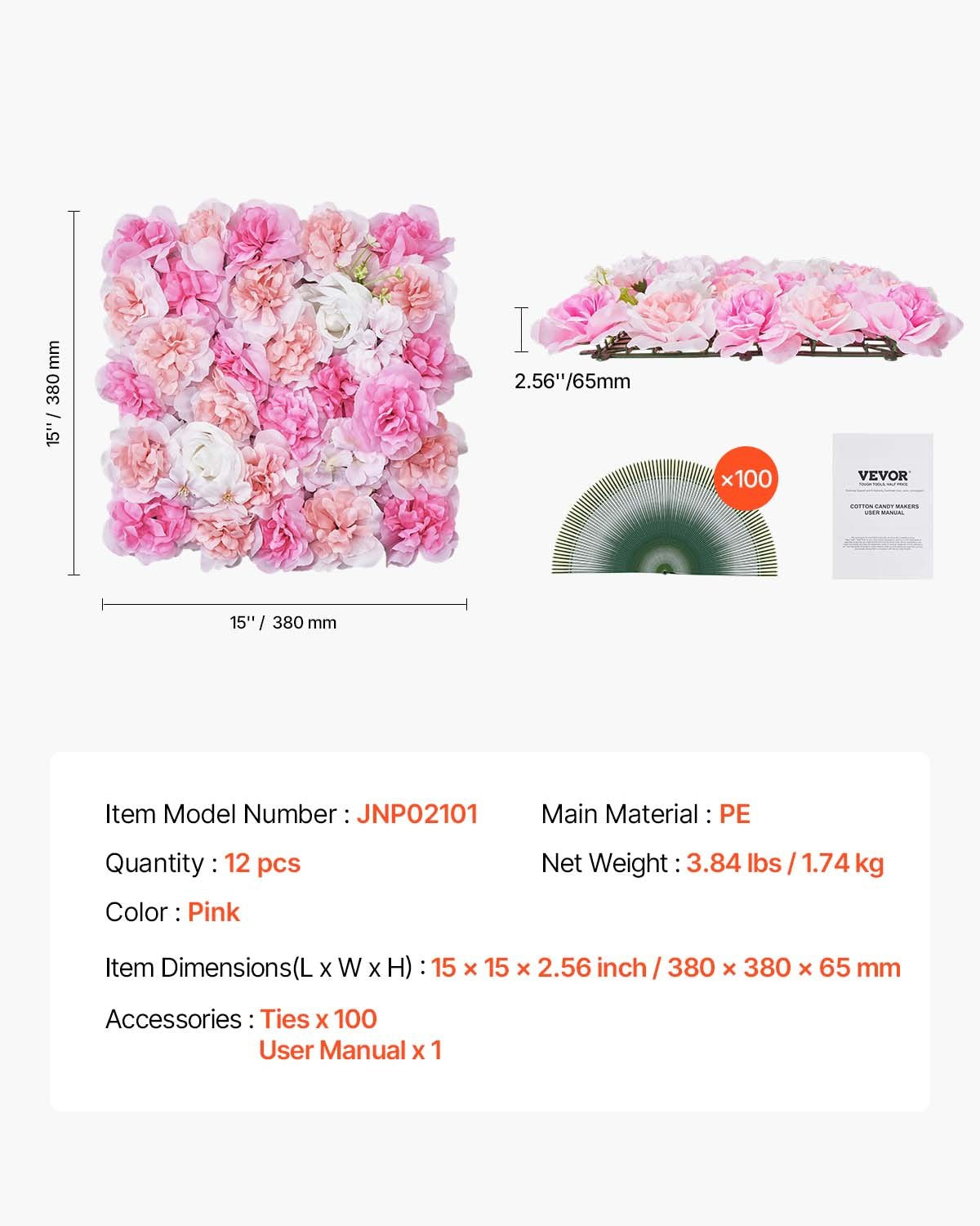 VEVOR 3D Flower Wall Panel, 12 PCS 15 x 15 inch, Artificial Floral Wall Background Mesh Backing Mat,Seamless Design&Easy Installation for Wedding Valentines Day Home Baby Party Backdrop Decor,Pink 7