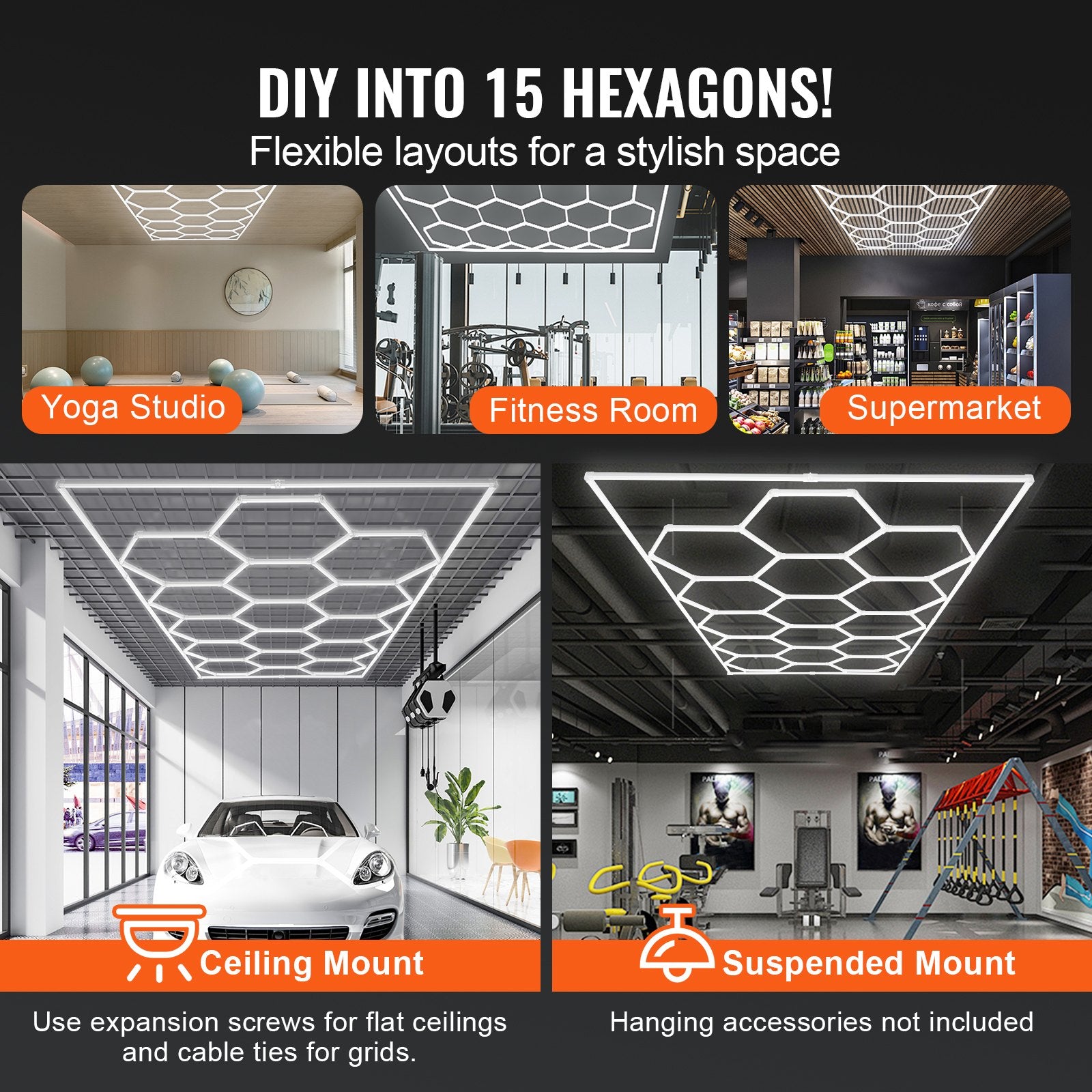 VEVOR Hexagon Garage Lights 66300LM 15 Grids Honeycomb LED Shop Ceiling Light 3