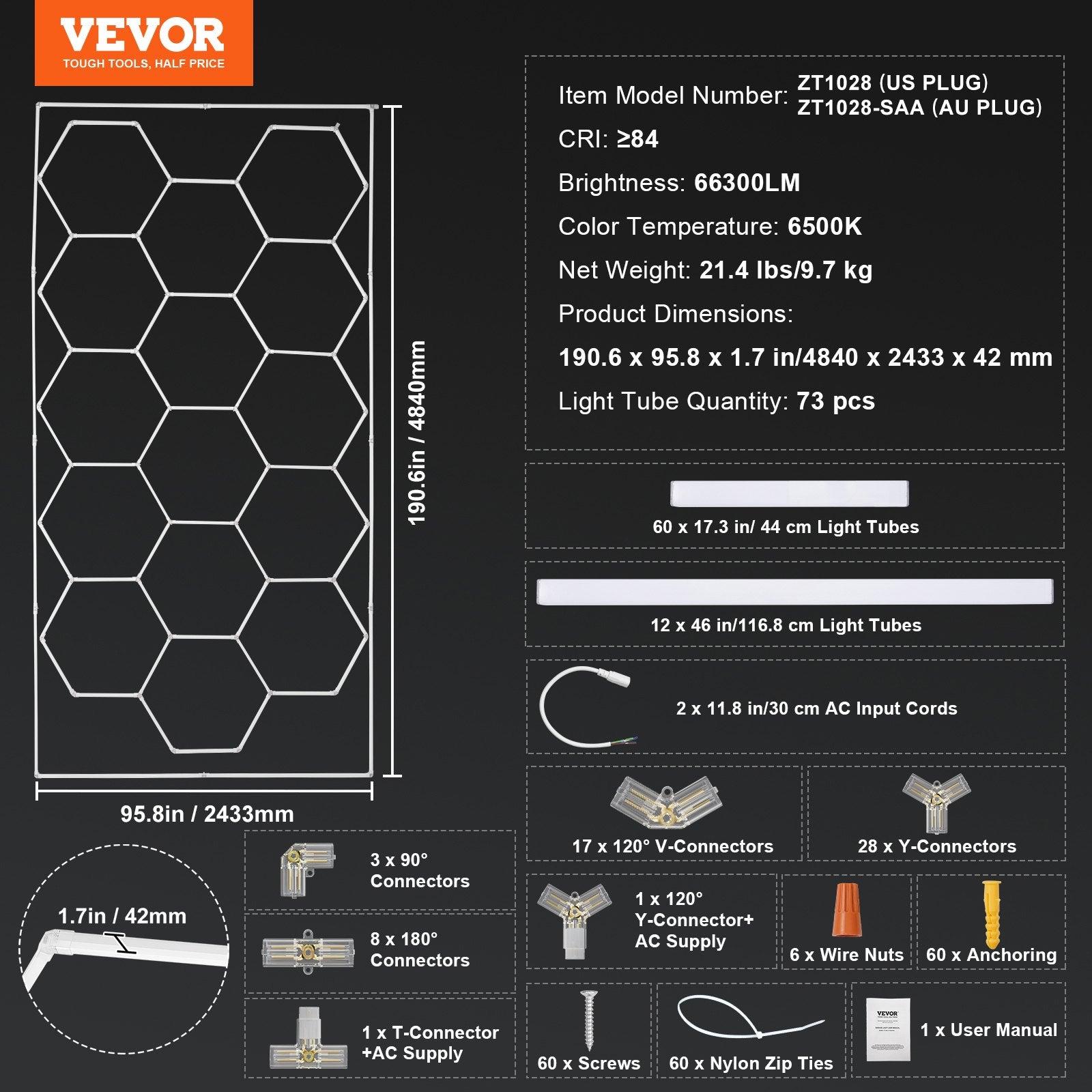 VEVOR Hexagon Garage Lights 66300LM 15 Grids Honeycomb LED Shop Ceiling Light 7