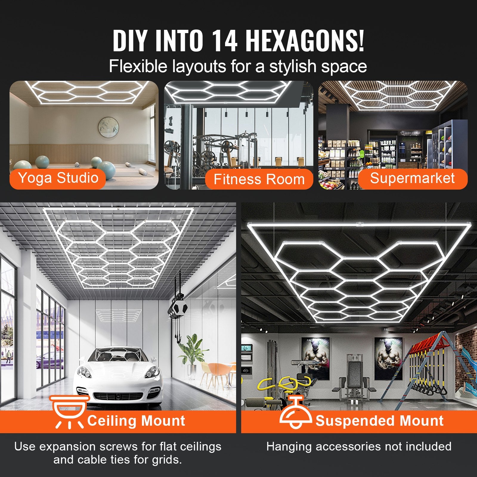 VEVOR Hexagon Garage Lights 86400LM 5 Grid Honeycomb LED Shop Ceiling Light 3