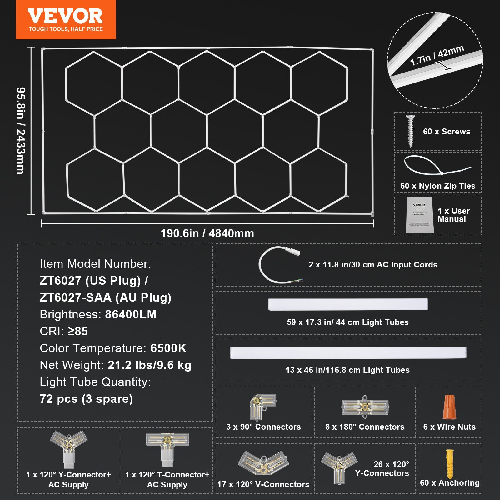 VEVOR Hexagon Garage Lights 86400LM 5 Grid Honeycomb LED Shop Ceiling Light 7
