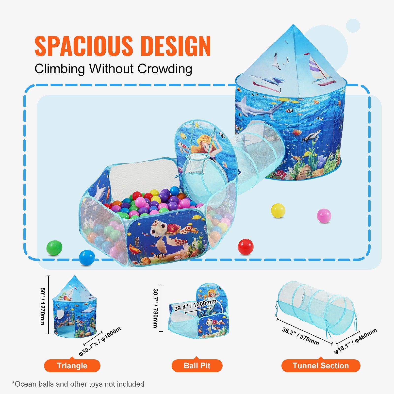 VEVOR 3 in 1 Kids Play Tent with Tunnel, Basketball Hoop for Boys, Girls, Babies and Toddlers, Indoor/Outdoor Pop Up Playhouse with Carrying Bag & Banding Straps Birthday Gifts, Blue Ocean 3
