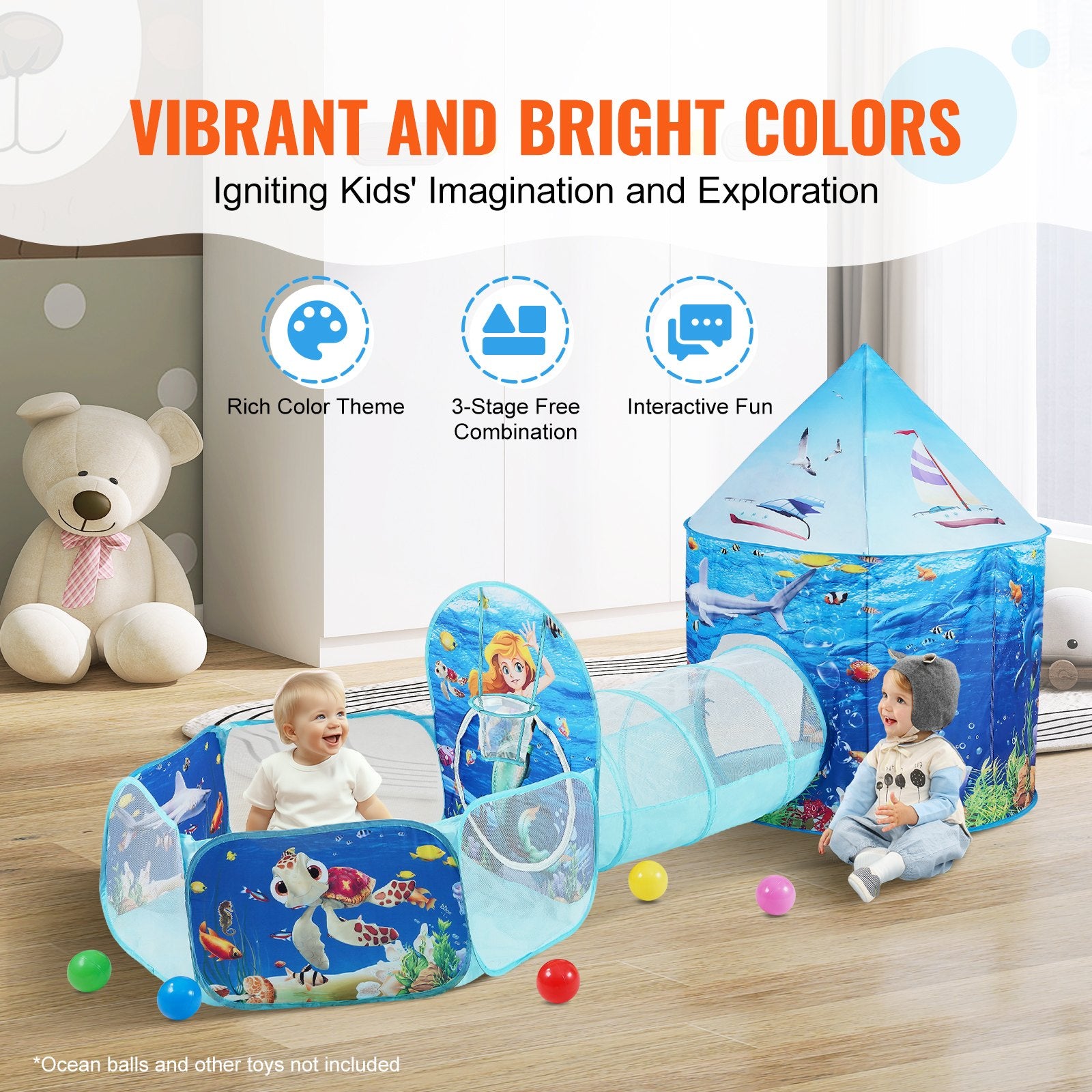 VEVOR 3 in 1 Kids Play Tent with Tunnel, Basketball Hoop for Boys, Girls, Babies and Toddlers, Indoor/Outdoor Pop Up Playhouse with Carrying Bag & Banding Straps Birthday Gifts, Blue Ocean 4