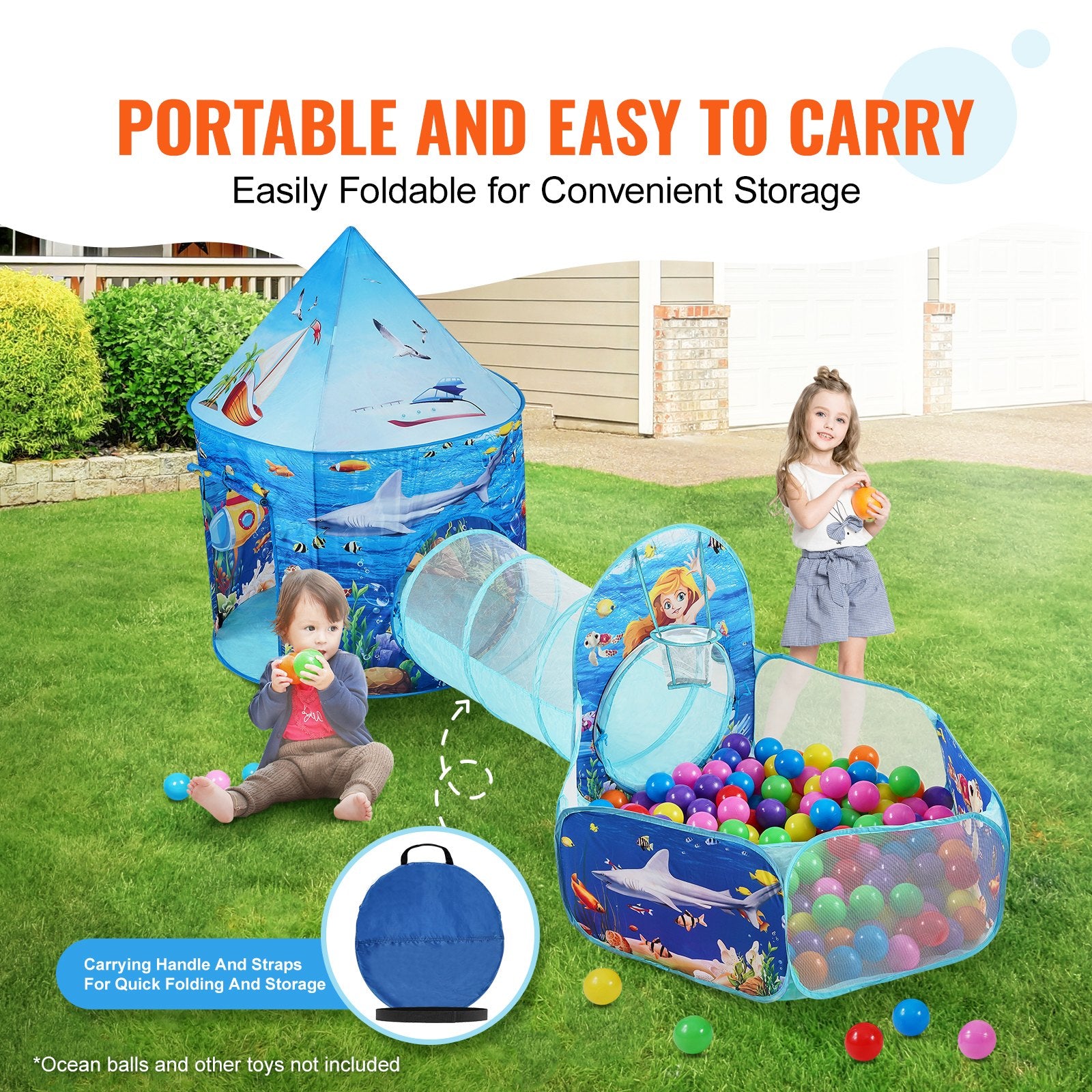 VEVOR 3 in 1 Kids Play Tent with Tunnel, Basketball Hoop for Boys, Girls, Babies and Toddlers, Indoor/Outdoor Pop Up Playhouse with Carrying Bag & Banding Straps Birthday Gifts, Blue Ocean 5