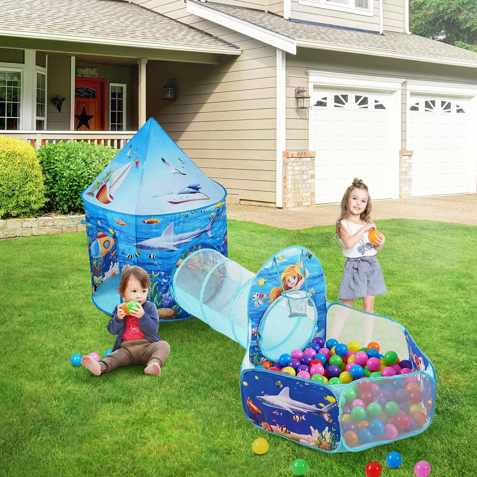 VEVOR 3 in 1 Kids Play Tent with Tunnel, Basketball Hoop for Boys, Girls, Babies and Toddlers, Indoor/Outdoor Pop Up Playhouse with Carrying Bag & Banding Straps Birthday Gifts, Blue Ocean 7