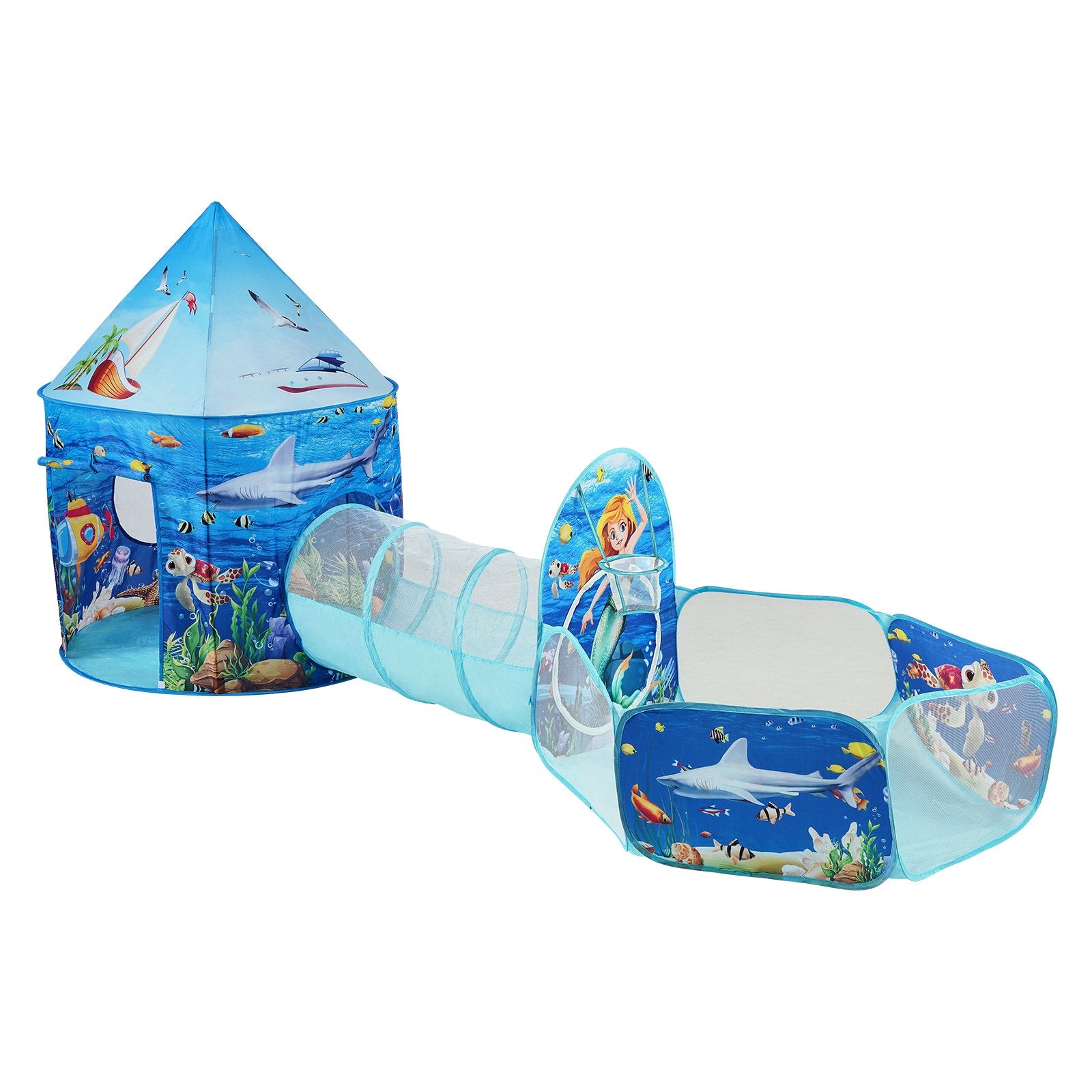 VEVOR 3 in 1 Kids Play Tent with Tunnel, Basketball Hoop for Boys, Girls, Babies and Toddlers, Indoor/Outdoor Pop Up Playhouse with Carrying Bag & Banding Straps Birthday Gifts, Blue Ocean 9
