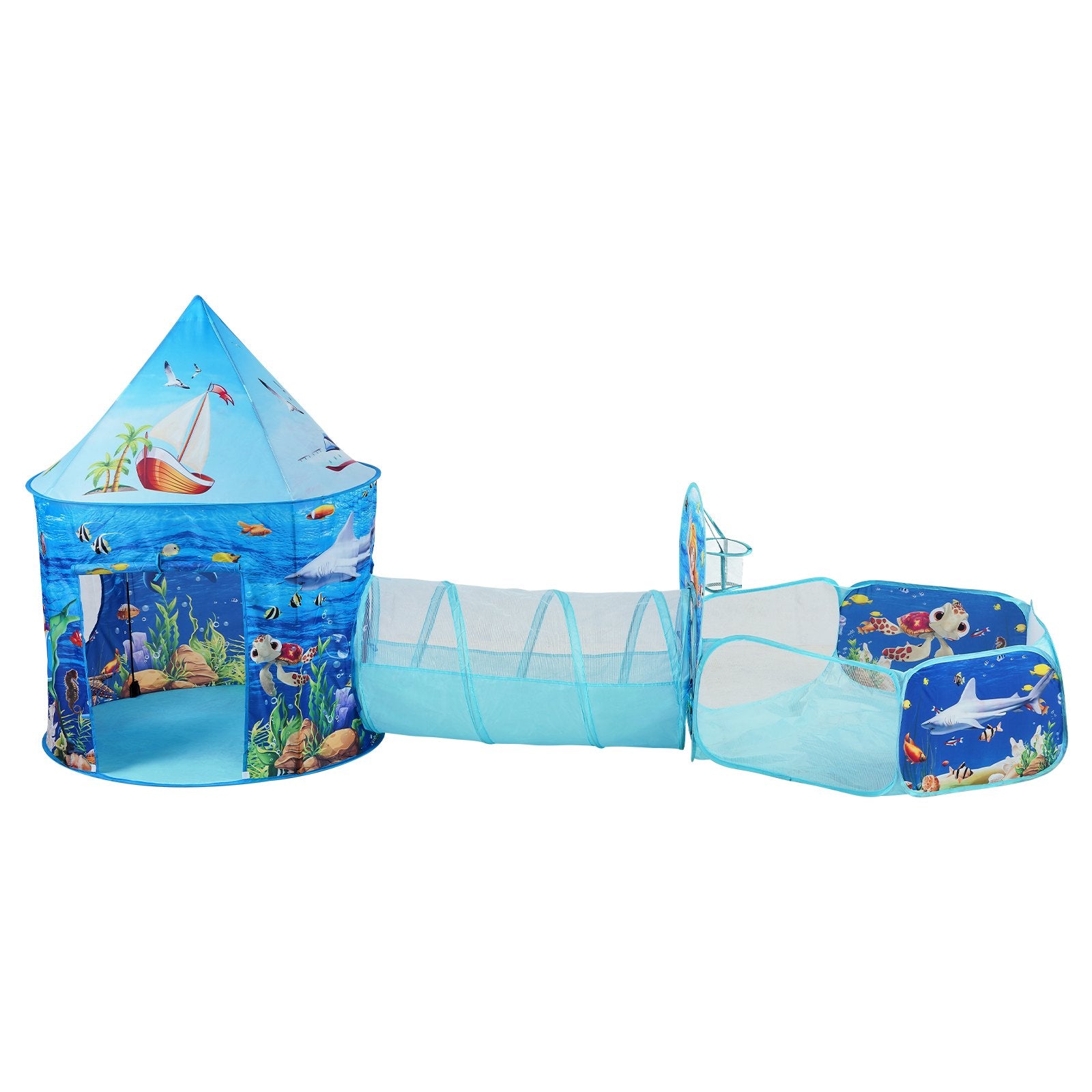 VEVOR 3 in 1 Kids Play Tent with Tunnel, Basketball Hoop for Boys, Girls, Babies and Toddlers, Indoor/Outdoor Pop Up Playhouse with Carrying Bag & Banding Straps Birthday Gifts, Blue Ocean 10