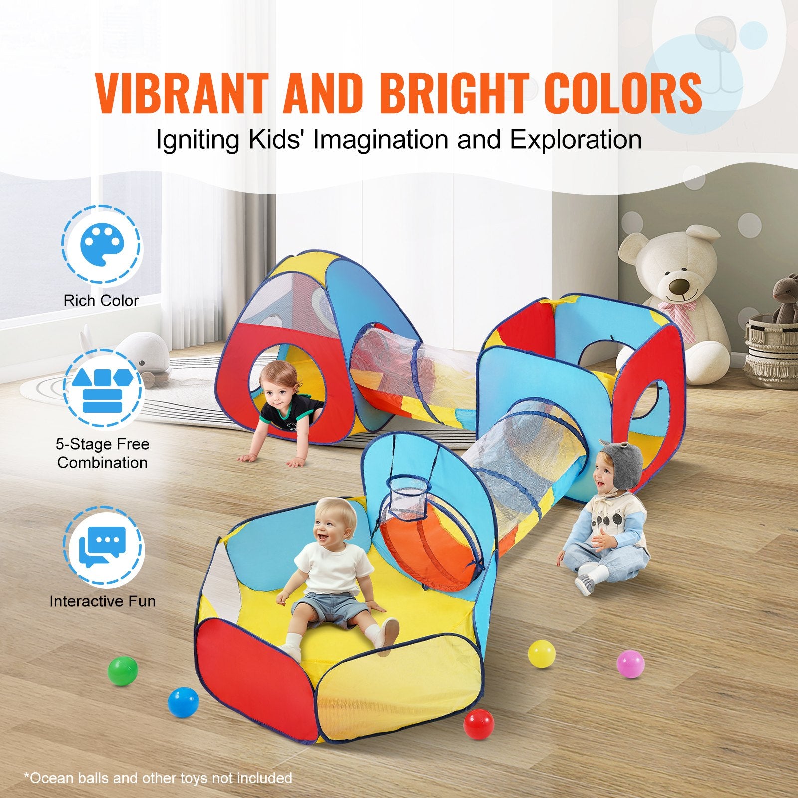 VEVOR 5 in 1 Kids Play Tent with Tunnel, Basketball Hoop for Boys, Girls, Babies and Toddlers, Indoor/Outdoor Pop Up Playhouse with Carrying Bag & Banding Straps Birthday Gifts, Red/Yellow/Blue 4