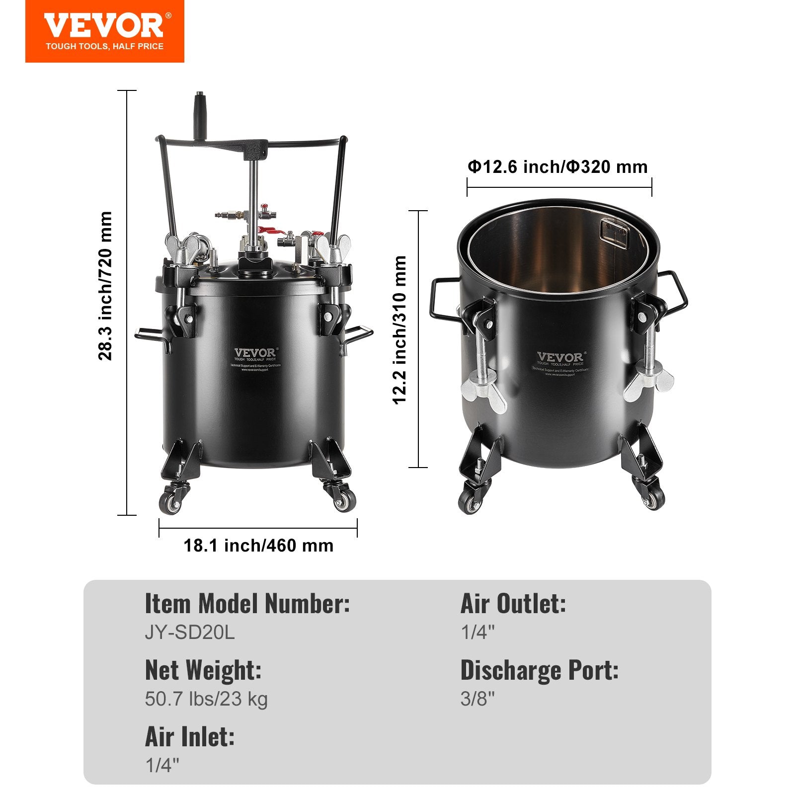 VEVOR Spray Paint Pressure Pot Tank 20L/5gal with Casters Leak Repair Sealant 7