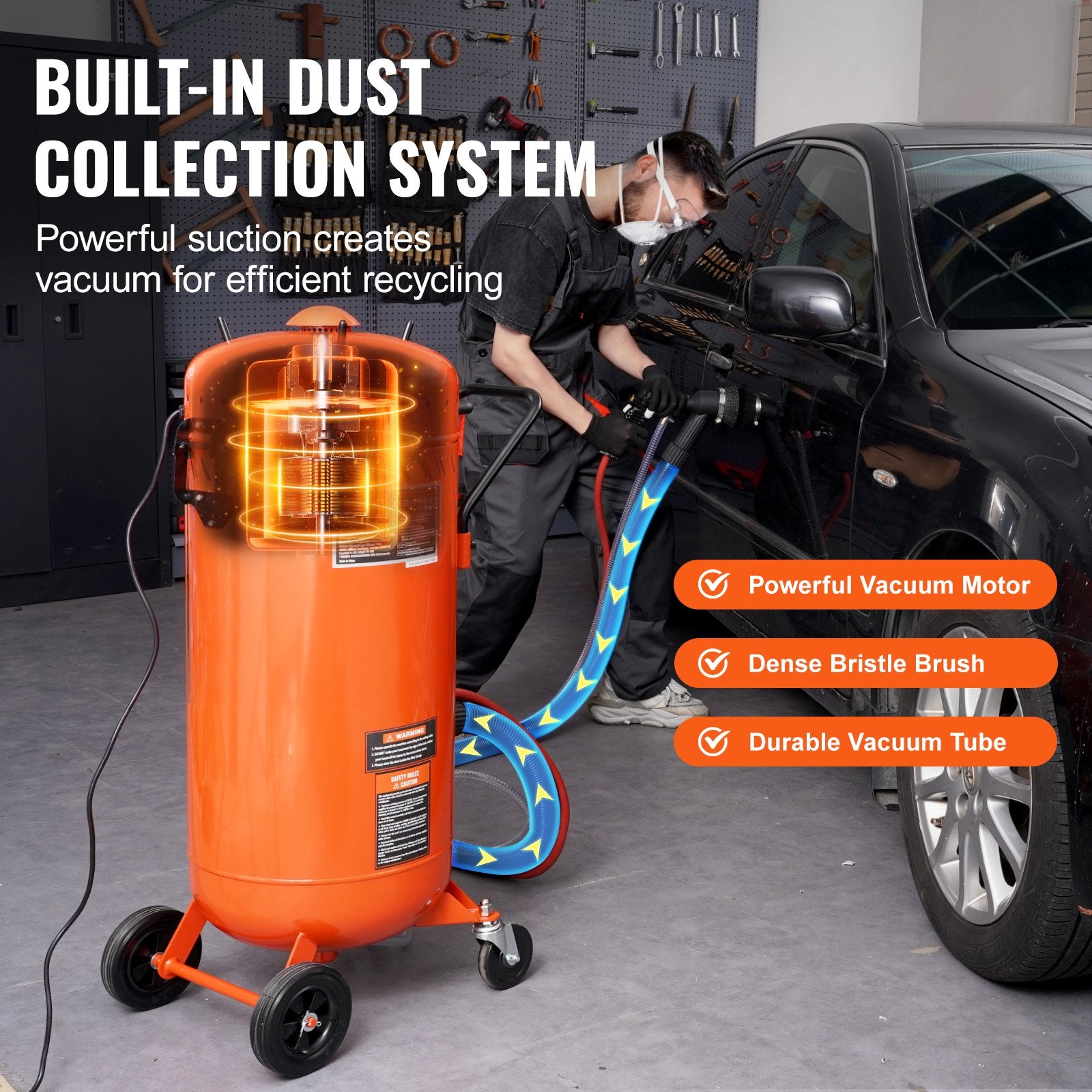 VEVOR 28 Gallon Vacuum Sand Blaster, Dustless Sandblaster with Built-in 1200W Vacuum System for Dust Control and Abrasive Recycle, 60-110 PSI Heavy Duty Abrasive Blasting Machine 4