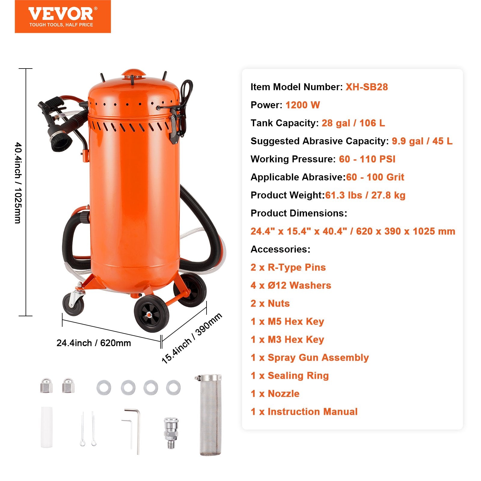 VEVOR 28 Gallon Vacuum Sand Blaster, Dustless Sandblaster with Built-in 1200W Vacuum System for Dust Control and Abrasive Recycle, 60-110 PSI Heavy Duty Abrasive Blasting Machine 7