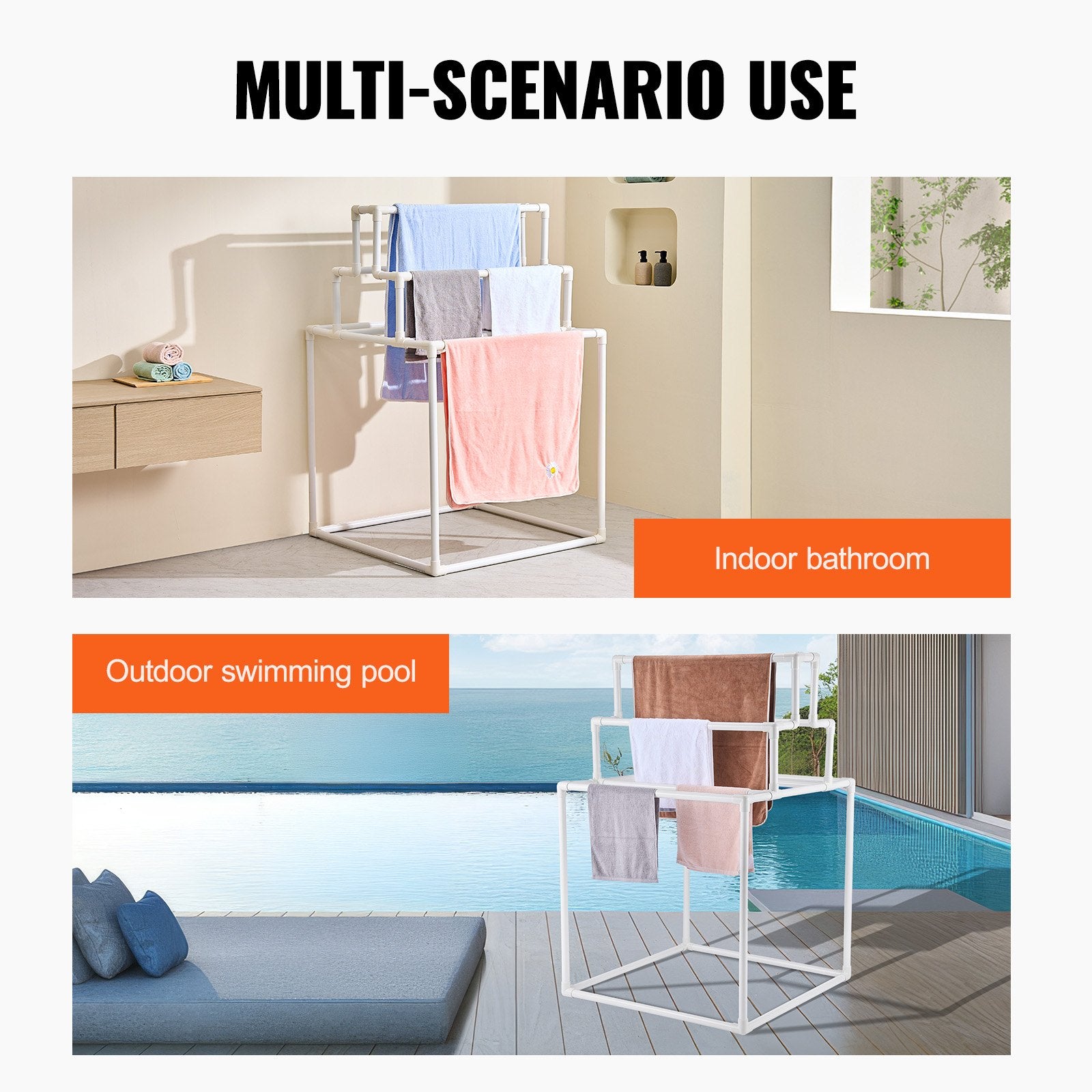 VEVOR Towel Rack 8-Bar Outdoor PVC Towel Holder for Poolside Spa Bathroom White 6