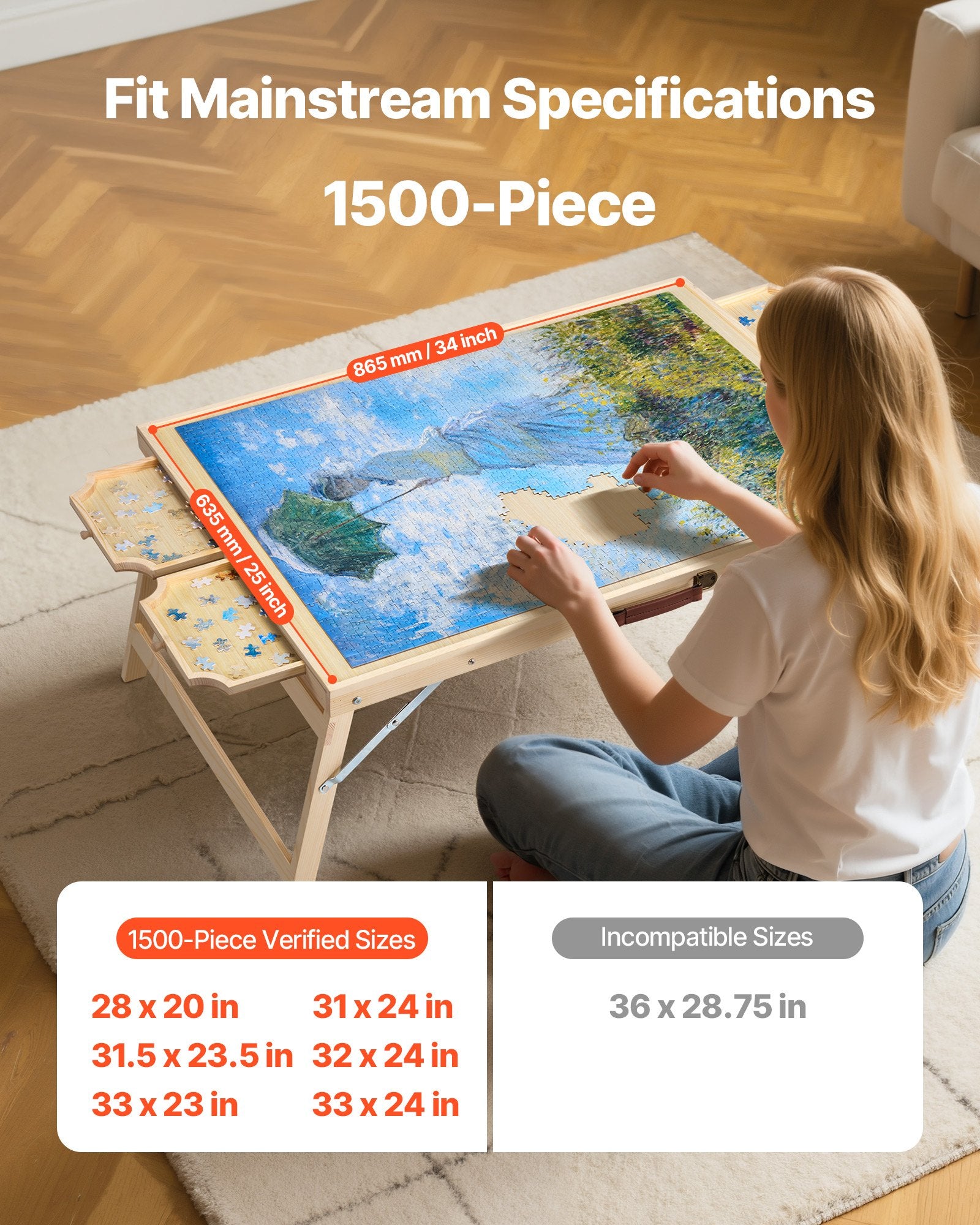 VEVOR 1500 Piece Puzzle Board with Folding Leg Portable Wooden Jigsaw 86x63cm 3
