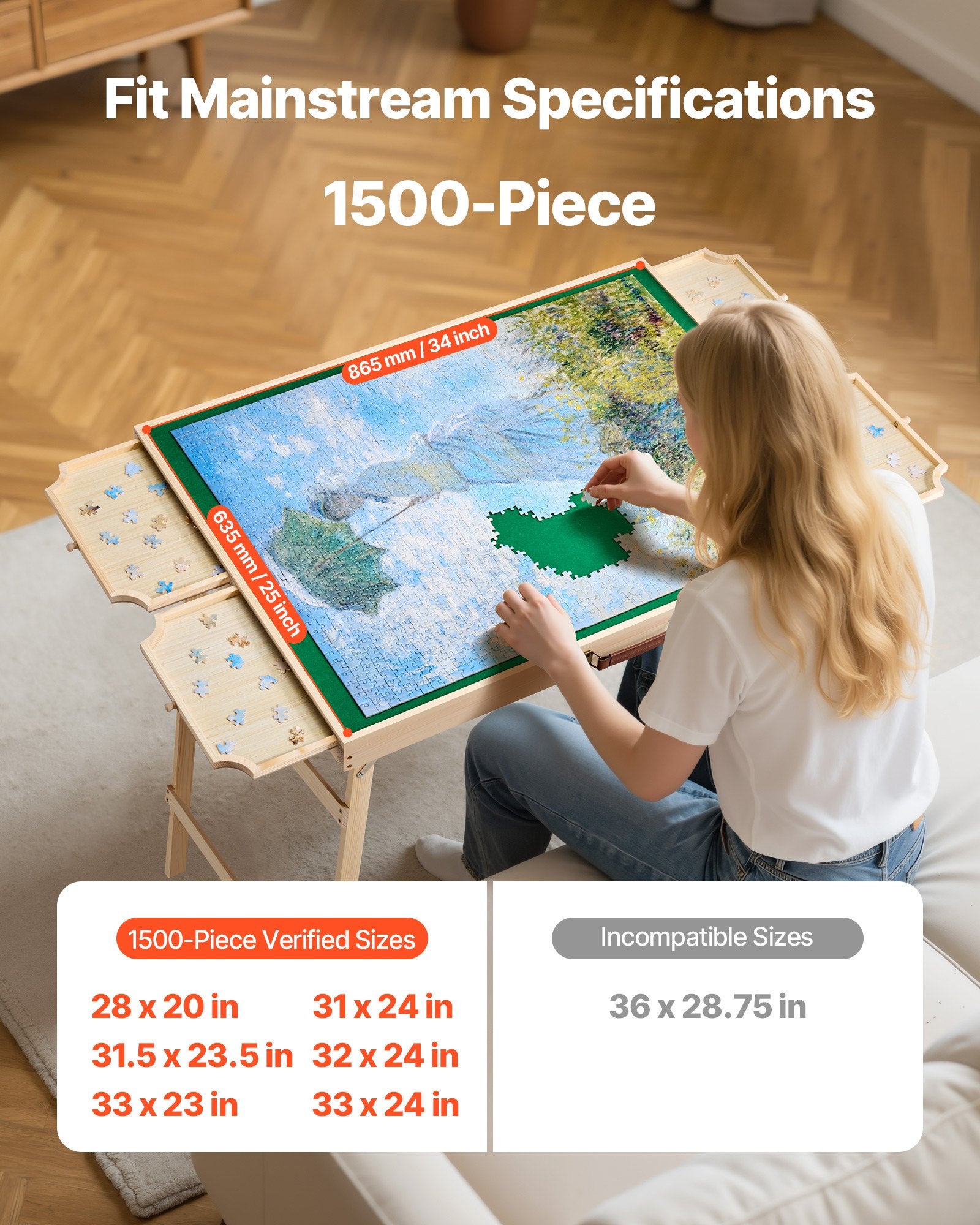 VEVOR 1500 Piece Puzzle Board with Folding Leg Portable Wooden Jigsaw 86x63cm 3