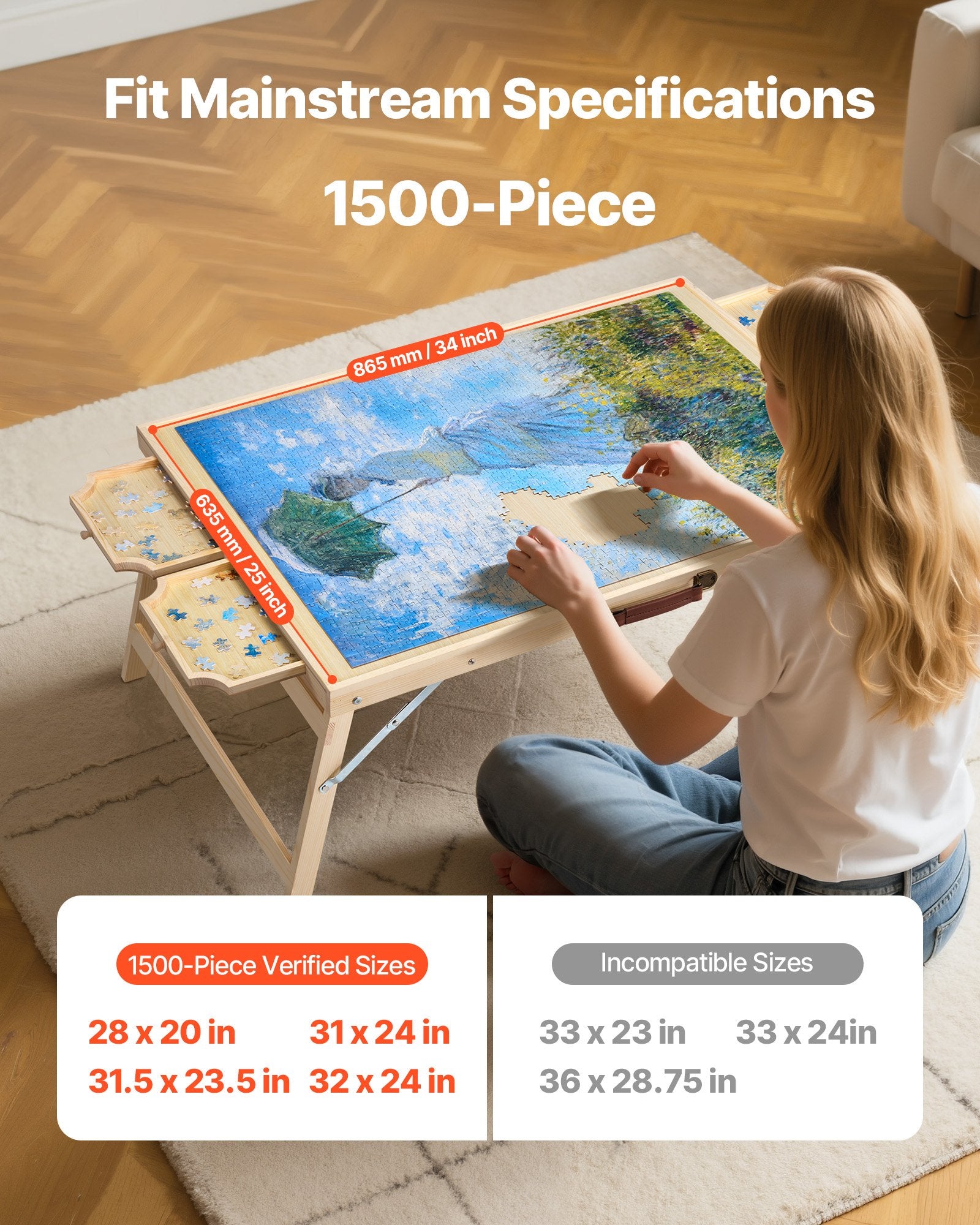 VEVOR 1500 Piece Puzzle Board with Folding Leg Portable Wooden Jigsaw 86x63cm 3