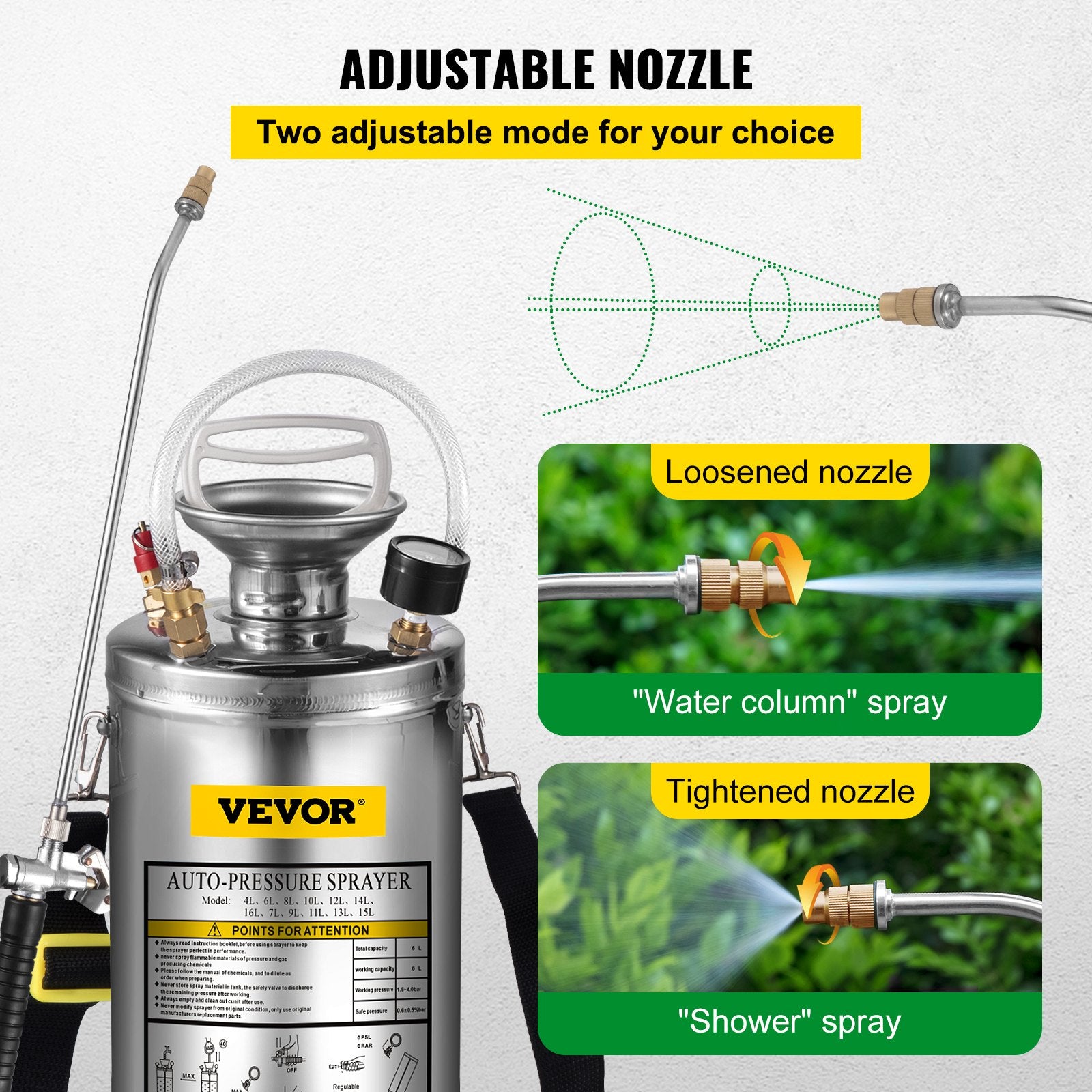VEVOR 1.5Gal Stainless Steel Sprayer, Set with 16" Wand& Handle& 3.3FT Reinforced Hose, Hand Pump Sprayer with Pressure Gauge&Safety Valve, Adjustable Nozzle Suitable for Gardening& Sanitizing 4