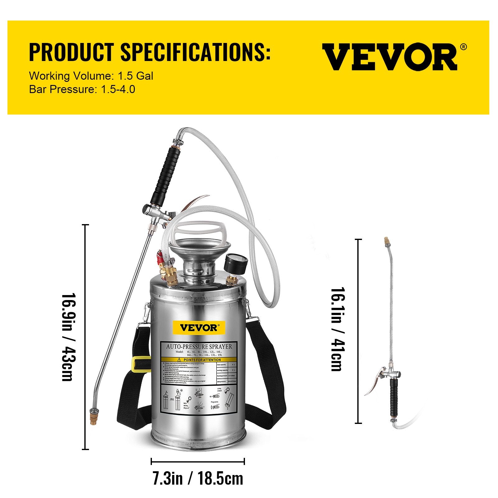 VEVOR 1.5Gal Stainless Steel Sprayer, Set with 16" Wand& Handle& 3.3FT Reinforced Hose, Hand Pump Sprayer with Pressure Gauge&Safety Valve, Adjustable Nozzle Suitable for Gardening& Sanitizing 7