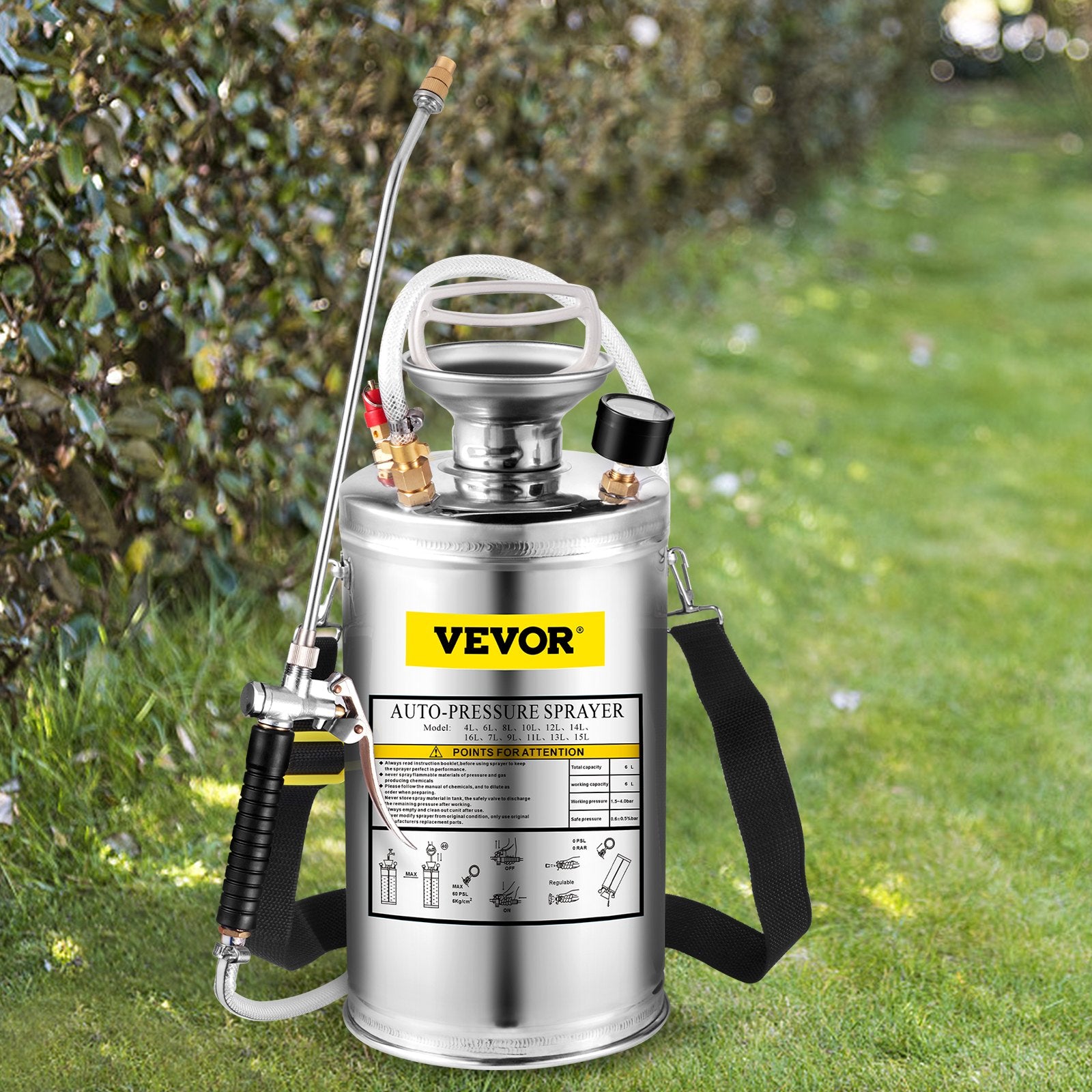 VEVOR 1.5Gal Stainless Steel Sprayer, Set with 16" Wand& Handle& 3.3FT Reinforced Hose, Hand Pump Sprayer with Pressure Gauge&Safety Valve, Adjustable Nozzle Suitable for Gardening& Sanitizing 8