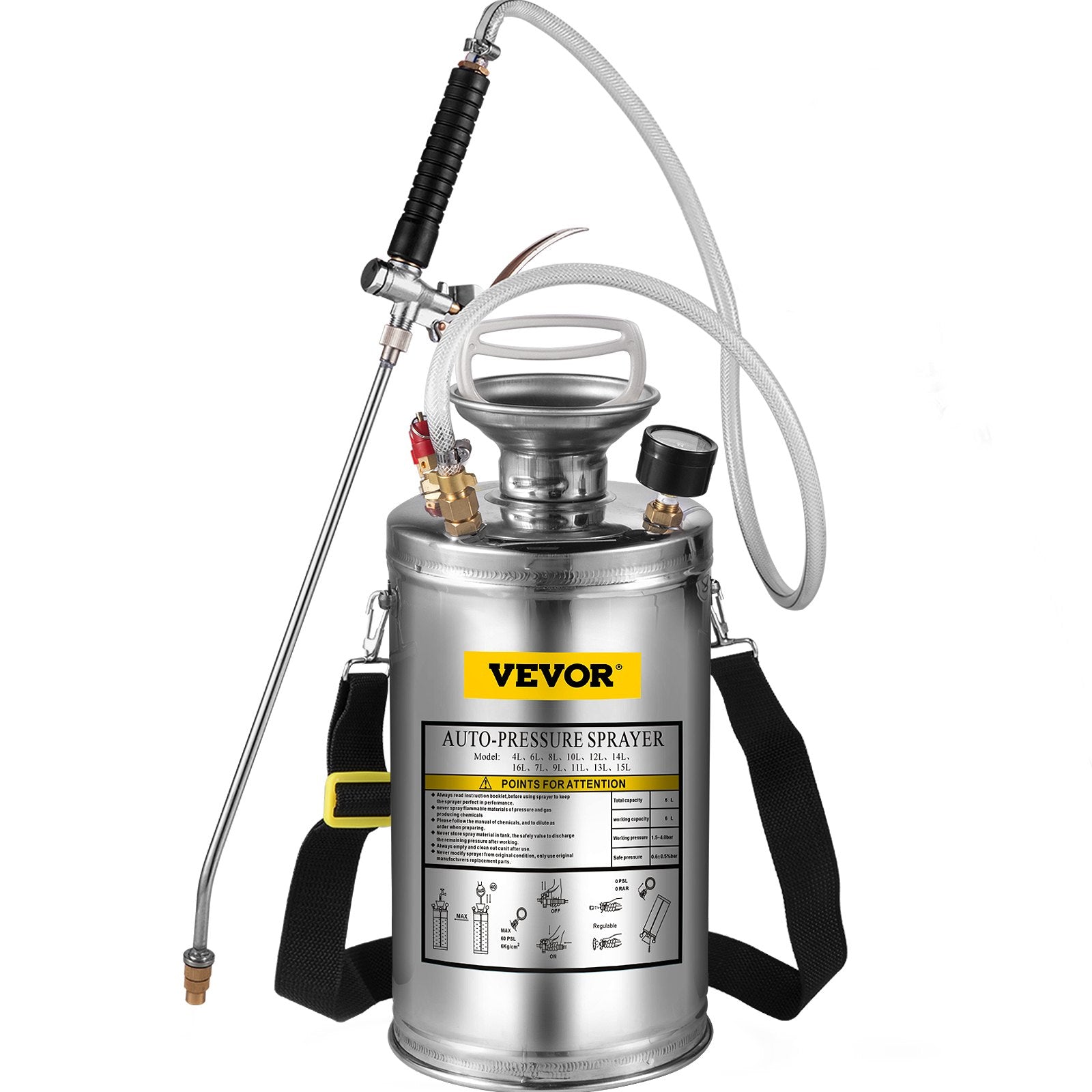 VEVOR 1.5Gal Stainless Steel Sprayer, Set with 16" Wand& Handle& 3.3FT Reinforced Hose, Hand Pump Sprayer with Pressure Gauge&Safety Valve, Adjustable Nozzle Suitable for Gardening& Sanitizing 9