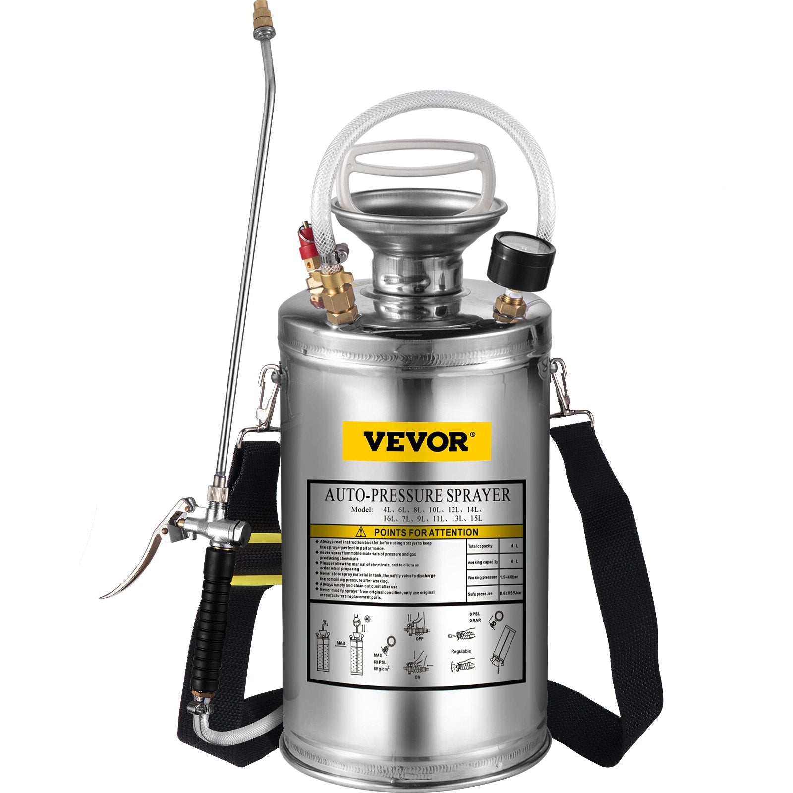 VEVOR 1.5Gal Stainless Steel Sprayer, Set with 16" Wand& Handle& 3.3FT Reinforced Hose, Hand Pump Sprayer with Pressure Gauge&Safety Valve, Adjustable Nozzle Suitable for Gardening& Sanitizing 10