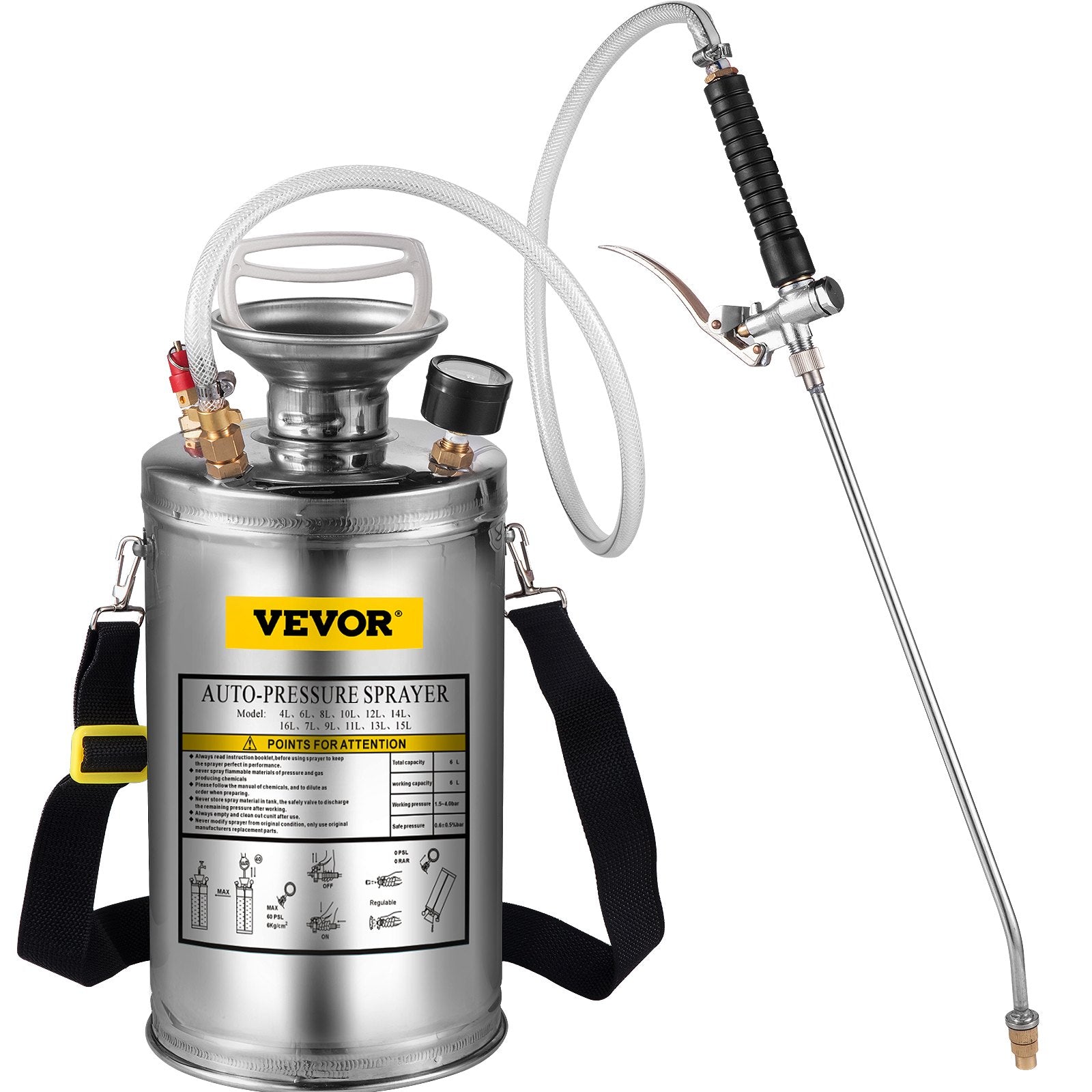 VEVOR 1.5Gal Stainless Steel Sprayer, Set with 16" Wand& Handle& 3.3FT Reinforced Hose, Hand Pump Sprayer with Pressure Gauge&Safety Valve, Adjustable Nozzle Suitable for Gardening& Sanitizing 11