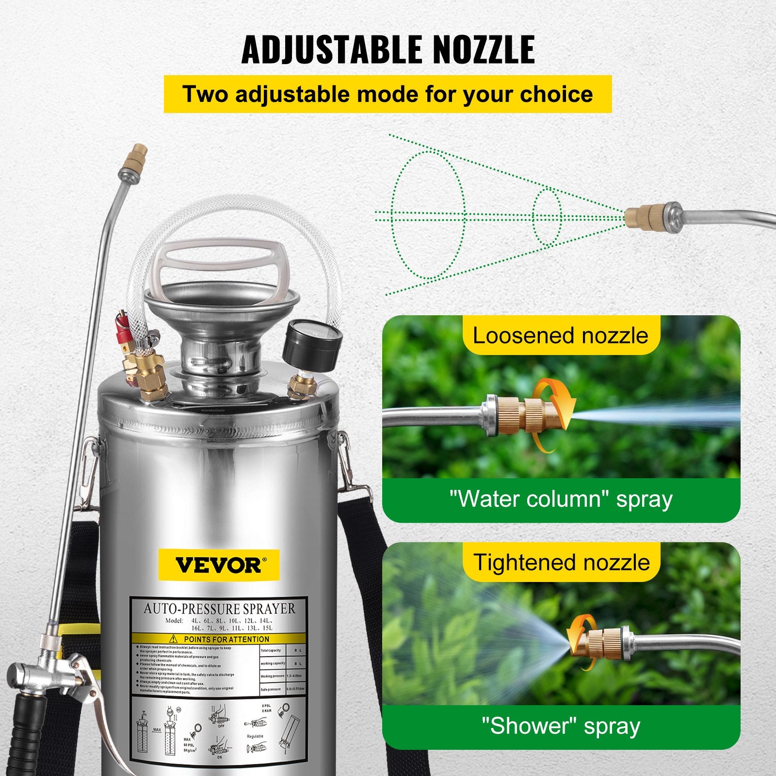 VEVOR 2Gal Stainless Steel Sprayer, Set with 20\" Wand& Handle& 3FT Reinforced Hose, Hand Pump Sprayer with Pressure Gauge&Safety Valve, Adjustable Nozzle Suitable for Gardening and Sanitizing 4