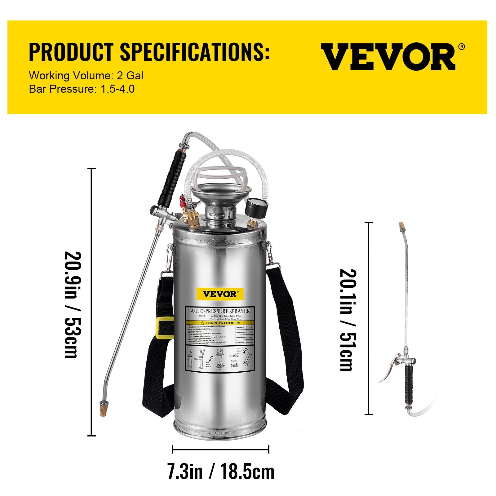 VEVOR 2Gal Stainless Steel Sprayer, Set with 20\" Wand& Handle& 3FT Reinforced Hose, Hand Pump Sprayer with Pressure Gauge&Safety Valve, Adjustable Nozzle Suitable for Gardening and Sanitizing 7