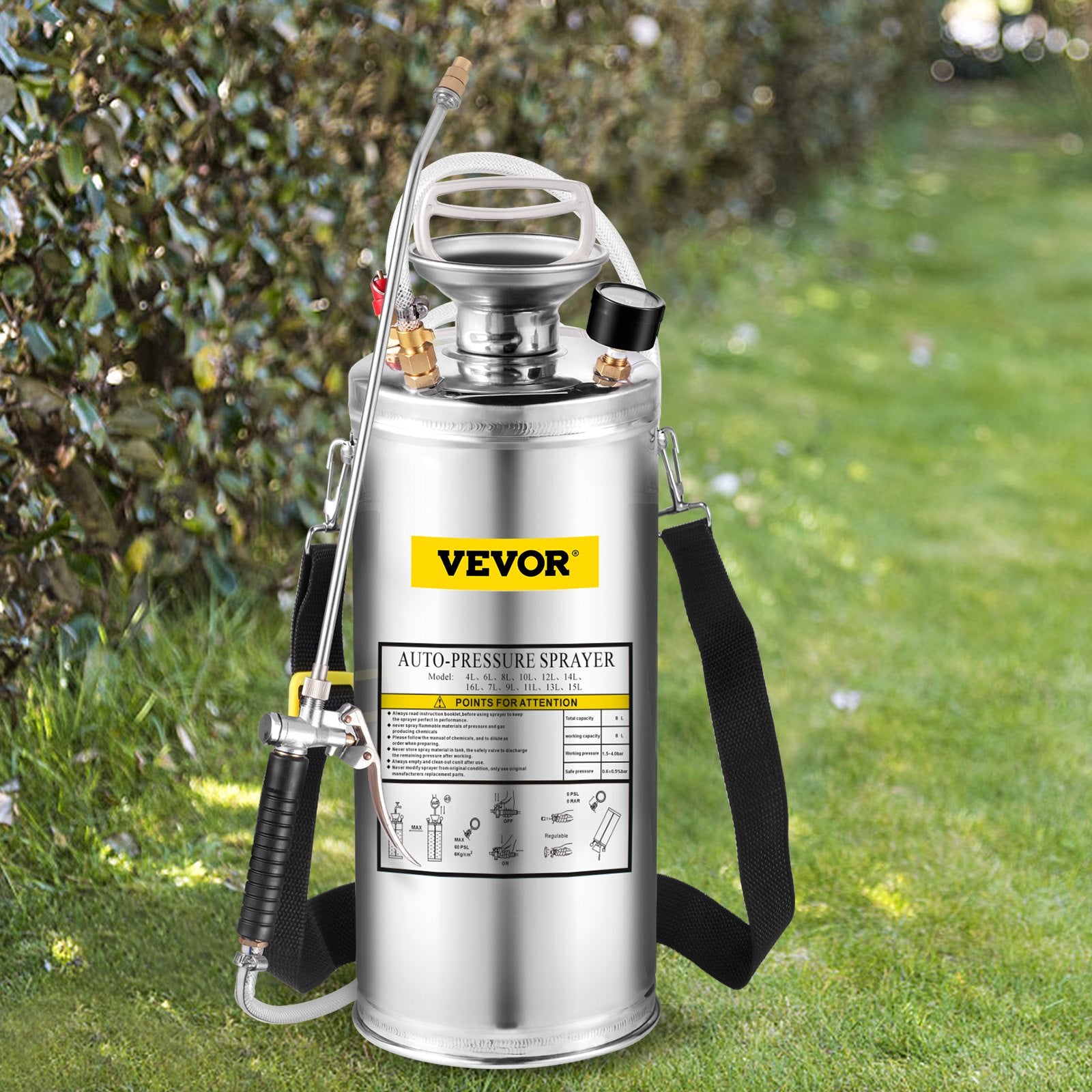 VEVOR 2Gal Stainless Steel Sprayer, Set with 20\" Wand& Handle& 3FT Reinforced Hose, Hand Pump Sprayer with Pressure Gauge&Safety Valve, Adjustable Nozzle Suitable for Gardening and Sanitizing 8