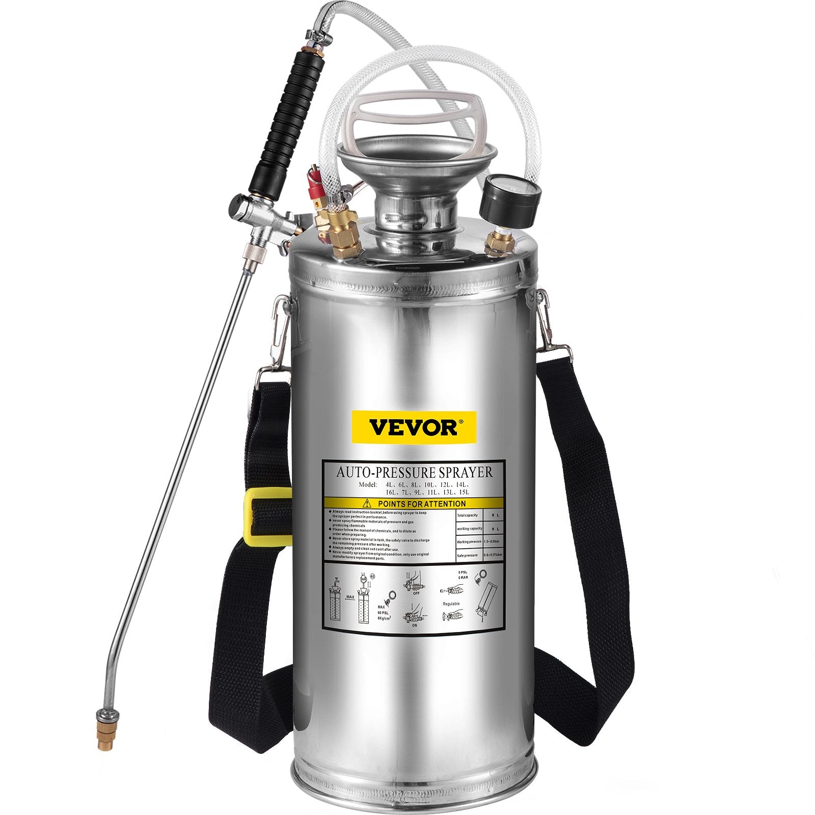 VEVOR 2Gal Stainless Steel Sprayer, Set with 20\" Wand& Handle& 3FT Reinforced Hose, Hand Pump Sprayer with Pressure Gauge&Safety Valve, Adjustable Nozzle Suitable for Gardening and Sanitizing 9