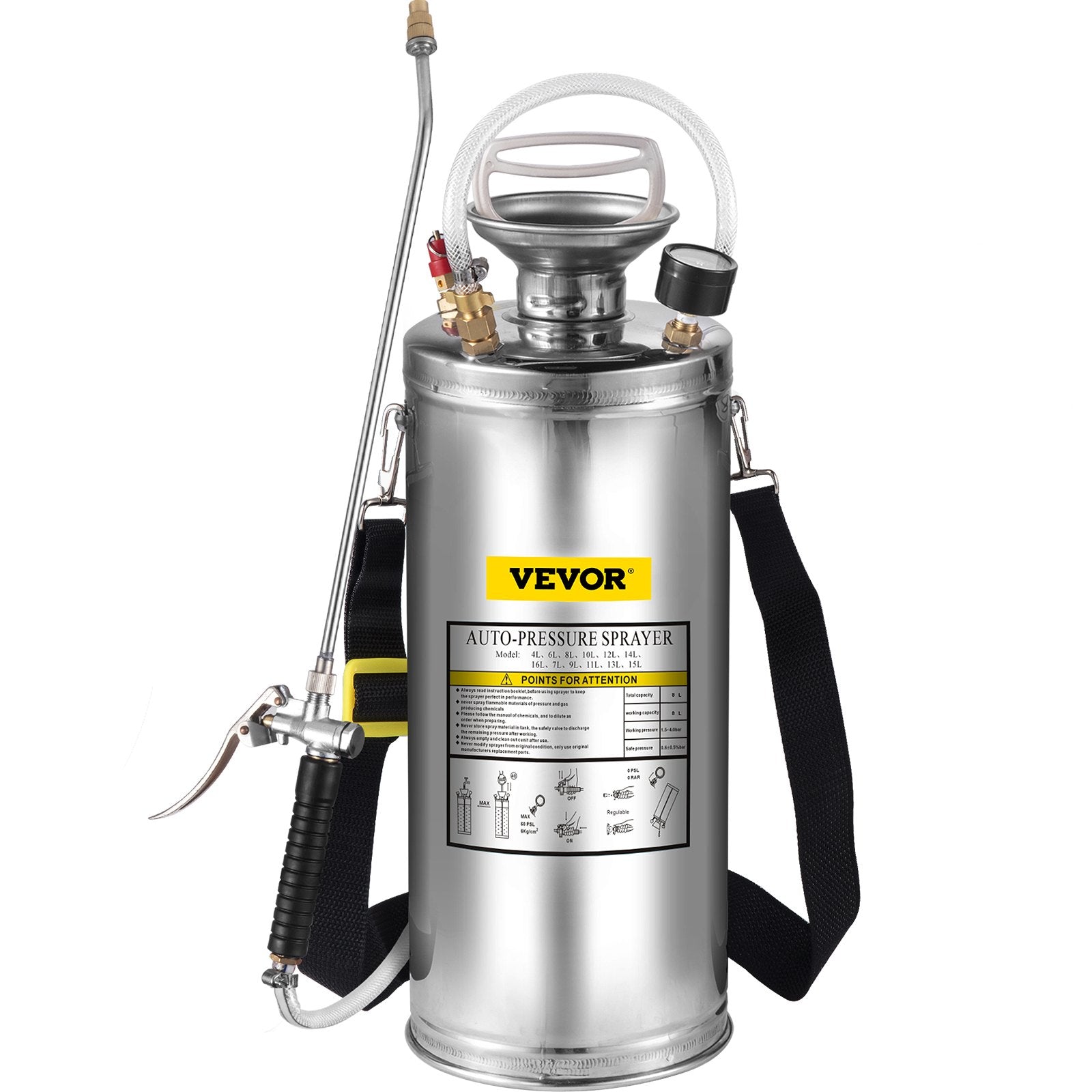 VEVOR 2Gal Stainless Steel Sprayer, Set with 20\" Wand& Handle& 3FT Reinforced Hose, Hand Pump Sprayer with Pressure Gauge&Safety Valve, Adjustable Nozzle Suitable for Gardening and Sanitizing 10