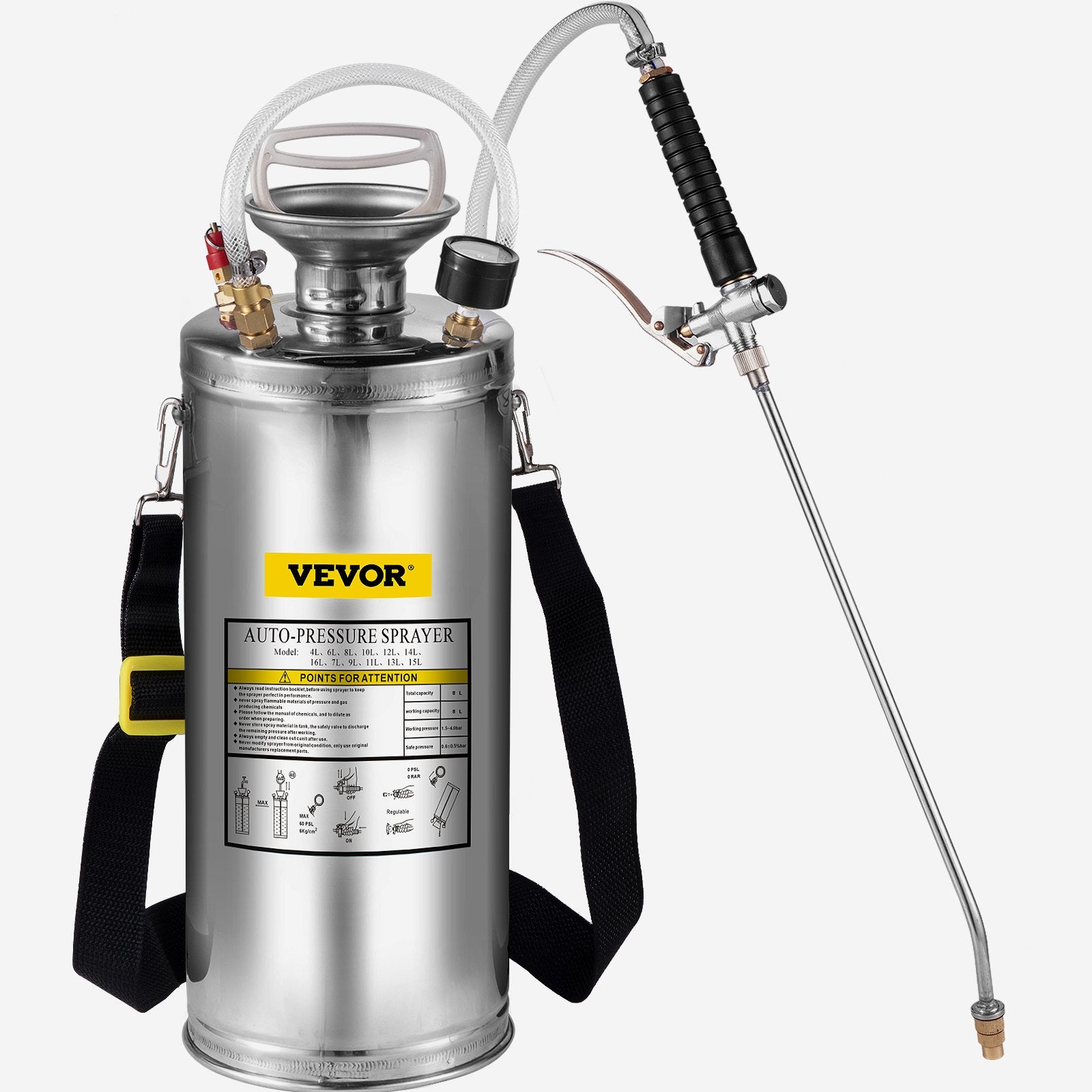 VEVOR 2Gal Stainless Steel Sprayer, Set with 20\" Wand& Handle& 3FT Reinforced Hose, Hand Pump Sprayer with Pressure Gauge&Safety Valve, Adjustable Nozzle Suitable for Gardening and Sanitizing 11