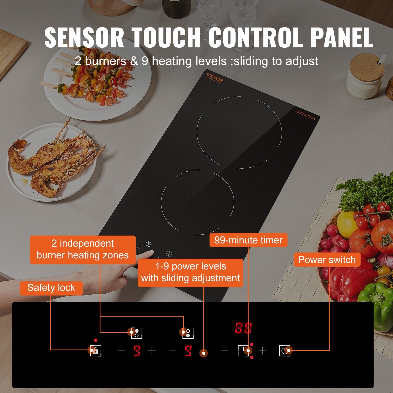 VEVOR Electric Cooktop, 12 inch 2 Burners Built-in Electric Stove Top, 3000W Ceramic Radiant Cooktop with Glass Panel, Touch Control, Timer, Child Lock, 9 Heat Level, Residual Heat Indicator, 220-240V 3