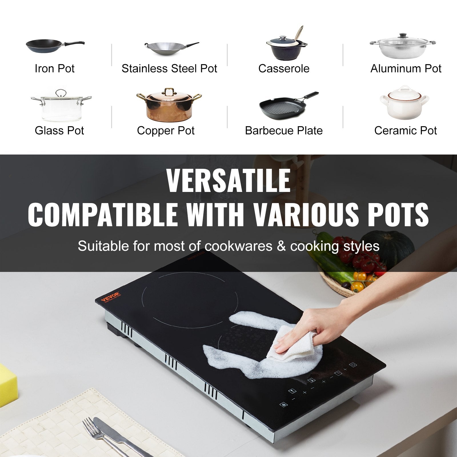 VEVOR Electric Cooktop, 12 inch 2 Burners Built-in Electric Stove Top, 3000W Ceramic Radiant Cooktop with Glass Panel, Touch Control, Timer, Child Lock, 9 Heat Level, Residual Heat Indicator, 220-240V 4