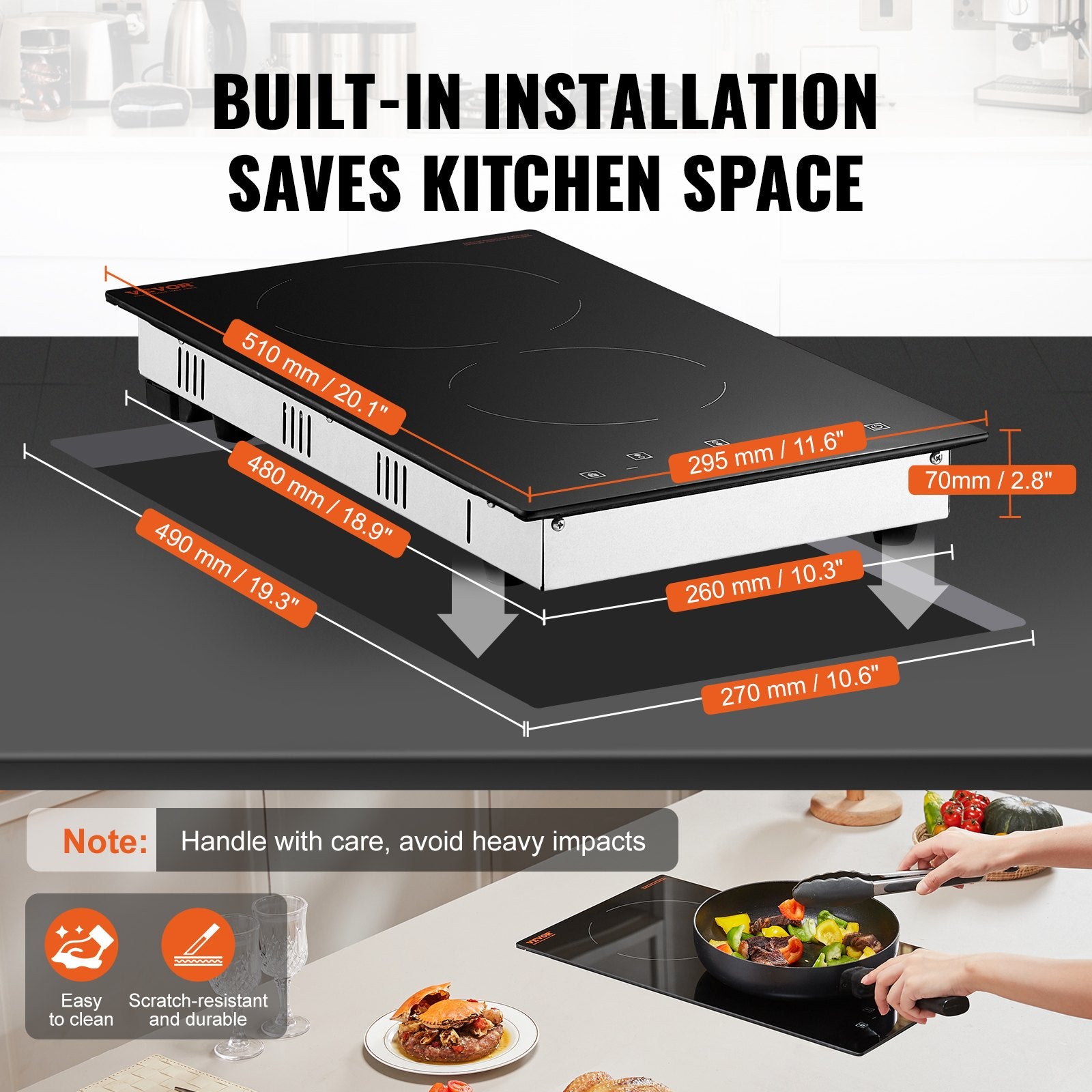 VEVOR Electric Cooktop, 12 inch 2 Burners Built-in Electric Stove Top, 3000W Ceramic Radiant Cooktop with Glass Panel, Touch Control, Timer, Child Lock, 9 Heat Level, Residual Heat Indicator, 220-240V 6