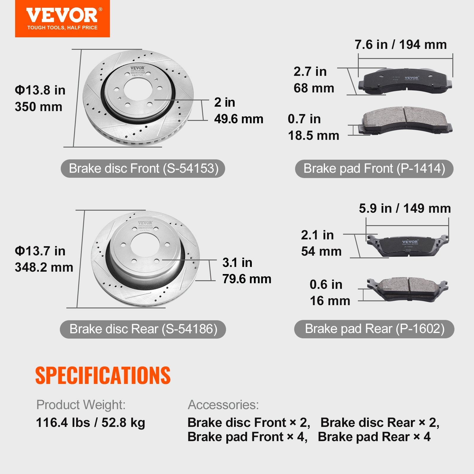 VEVOR Front and Rear Brake Kit Compatible with 2012-2020 Ford F-150(MPB Only), Drilled and Slotted Brake Rotors Ceramic Brake Pads Replacement, 13.8" Front Rotors 13.7" Rear Rotors 5