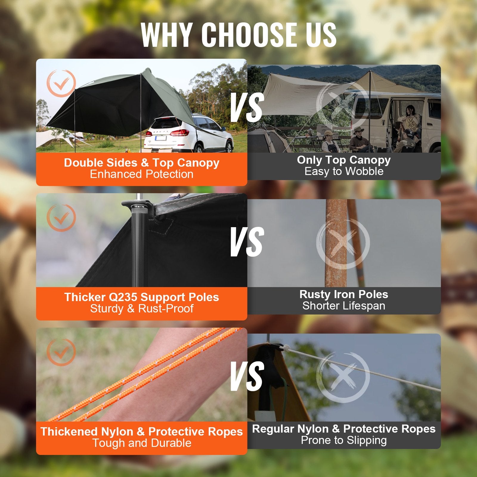 VEVOR Vehicle Awning, Large 10' x 7' Shade Coverage Car Side Awning, PU2000mm UV50+ Car Awning with Extended Side Canopies and Portable Storage Bag, Suitable for Truck, SUV, Van, Campers 3