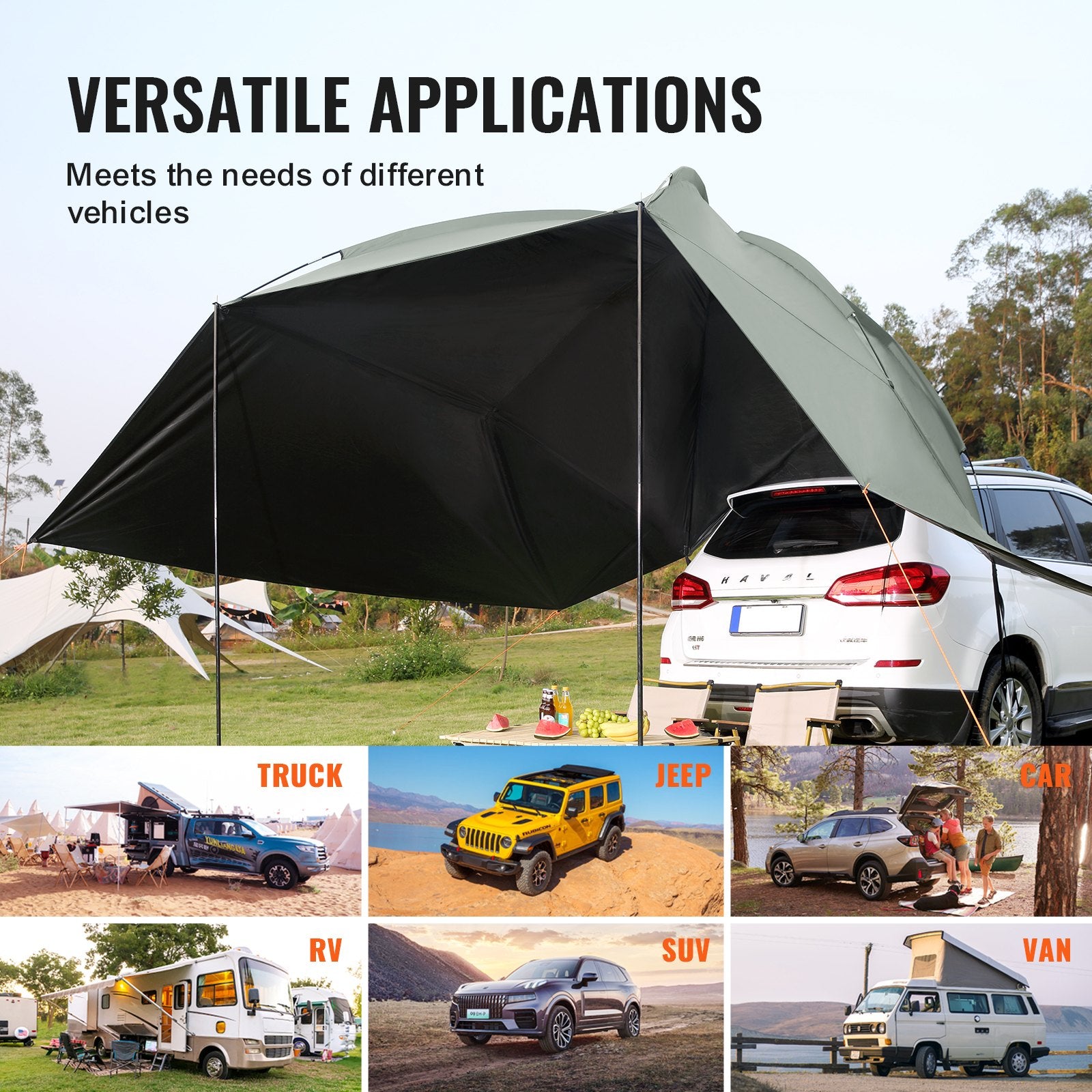 VEVOR Vehicle Awning, Large 10' x 7' Shade Coverage Car Side Awning, PU2000mm UV50+ Car Awning with Extended Side Canopies and Portable Storage Bag, Suitable for Truck, SUV, Van, Campers 6