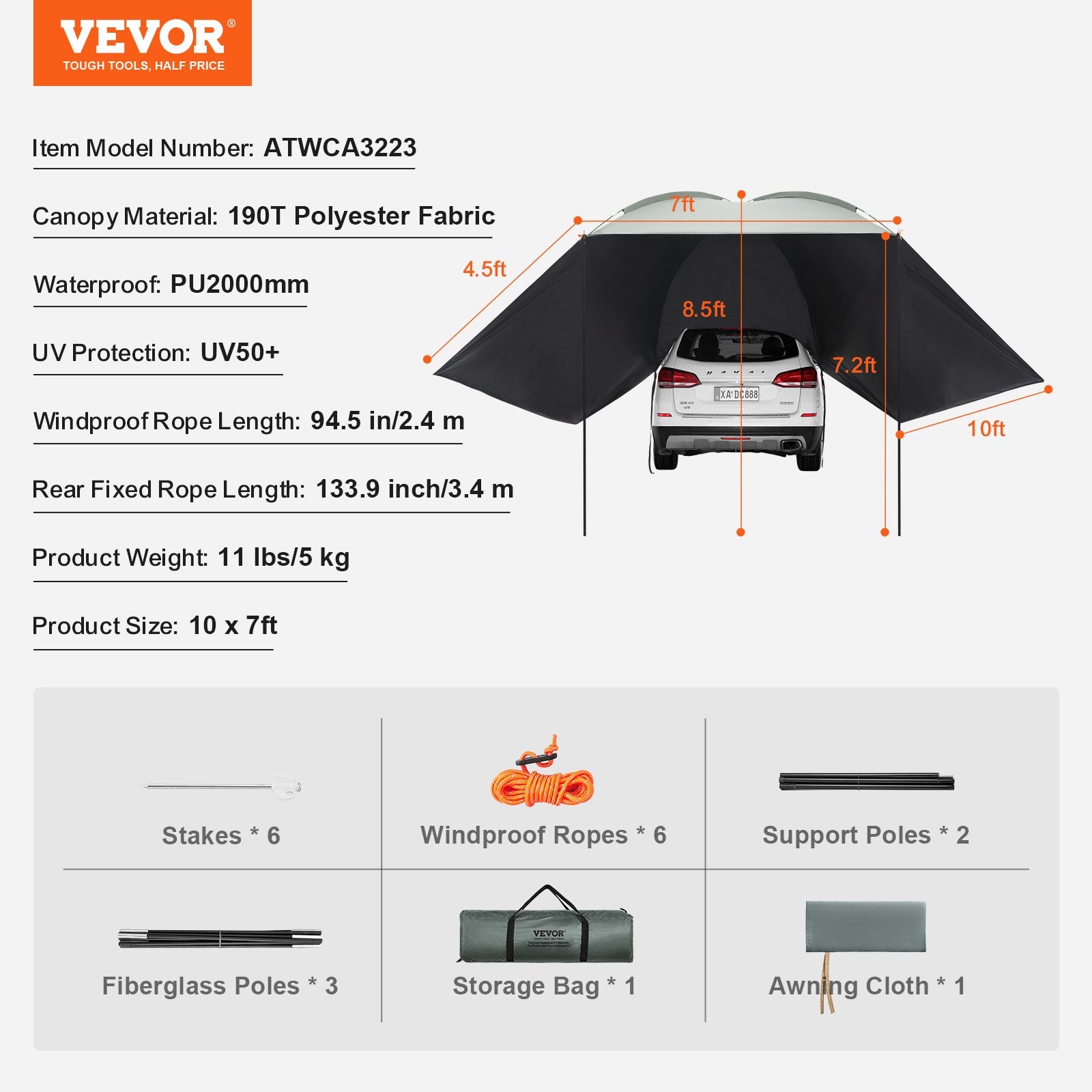 VEVOR Vehicle Awning, Large 10' x 7' Shade Coverage Car Side Awning, PU2000mm UV50+ Car Awning with Extended Side Canopies and Portable Storage Bag, Suitable for Truck, SUV, Van, Campers 7
