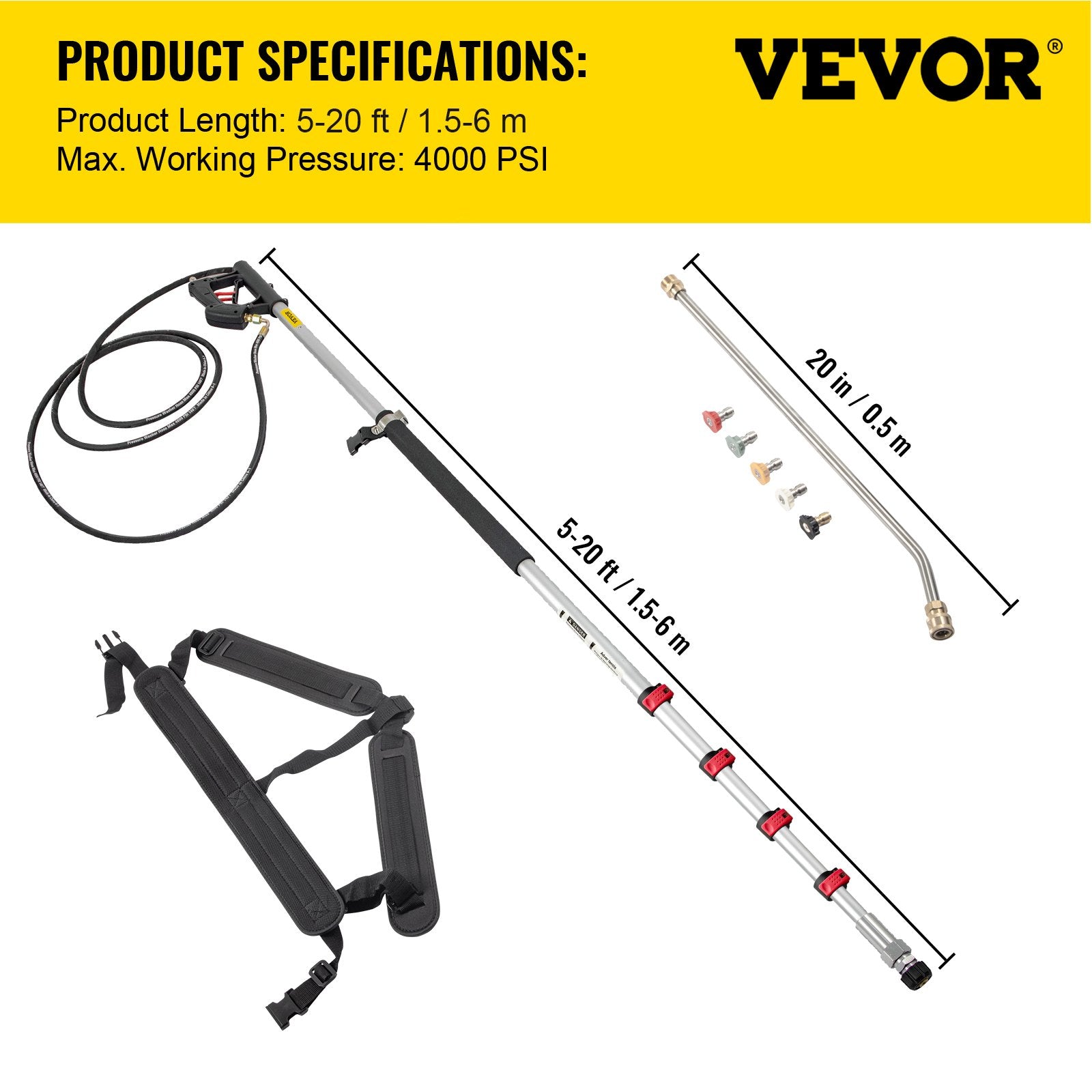 VEVOR Telescoping Pressure Washer Wand, 20 ft 5-Section Length Adjustable, Max. 4000 PSI Fit for 3/8'' Quick Connection, 5 Spray Nozzles, Belt, for Roof, Fence, Gutter, Silver 6