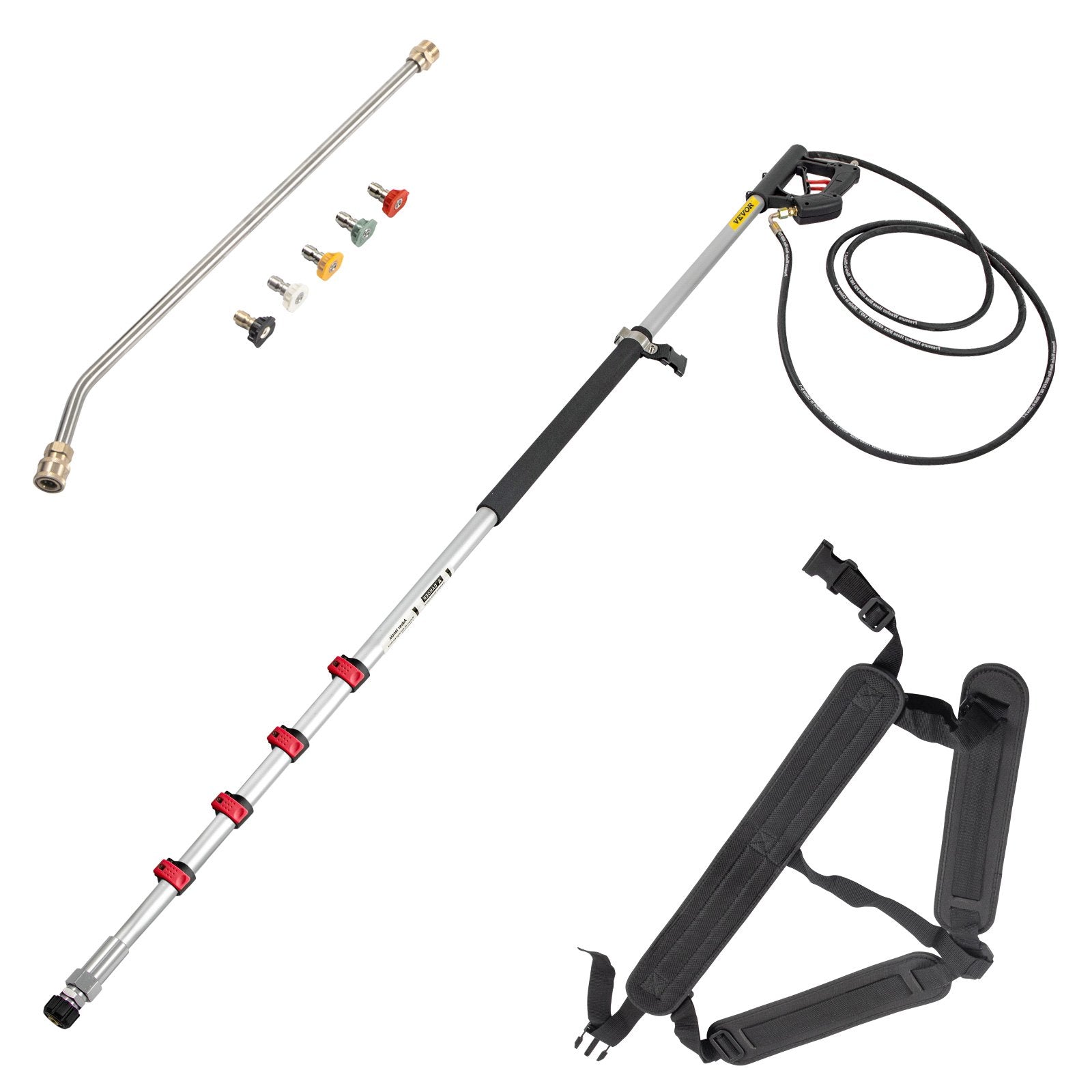 VEVOR Telescoping Pressure Washer Wand, 20 ft 5-Section Length Adjustable, Max. 4000 PSI Fit for 3/8'' Quick Connection, 5 Spray Nozzles, Belt, for Roof, Fence, Gutter, Silver 10
