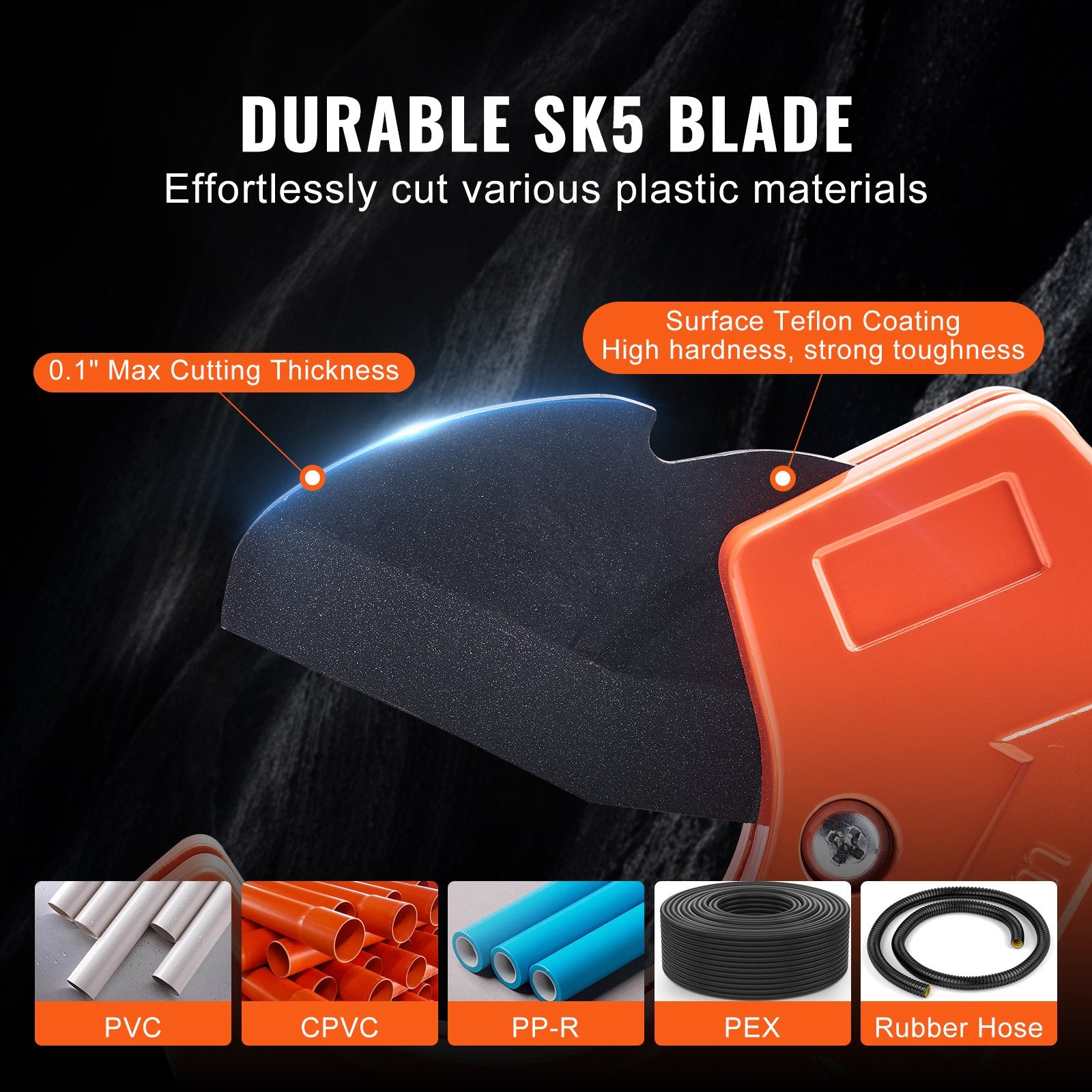 VEVOR PVC Pipe Cutter, 0-2-1/2" O.D. Ratcheting PVC Pipe Cutter, Heavy Duty Tube Cutting Tool with Spare SK5 Blade for PVC, CPVC, PP-R, PEX, PE, Rubber Hoses 3